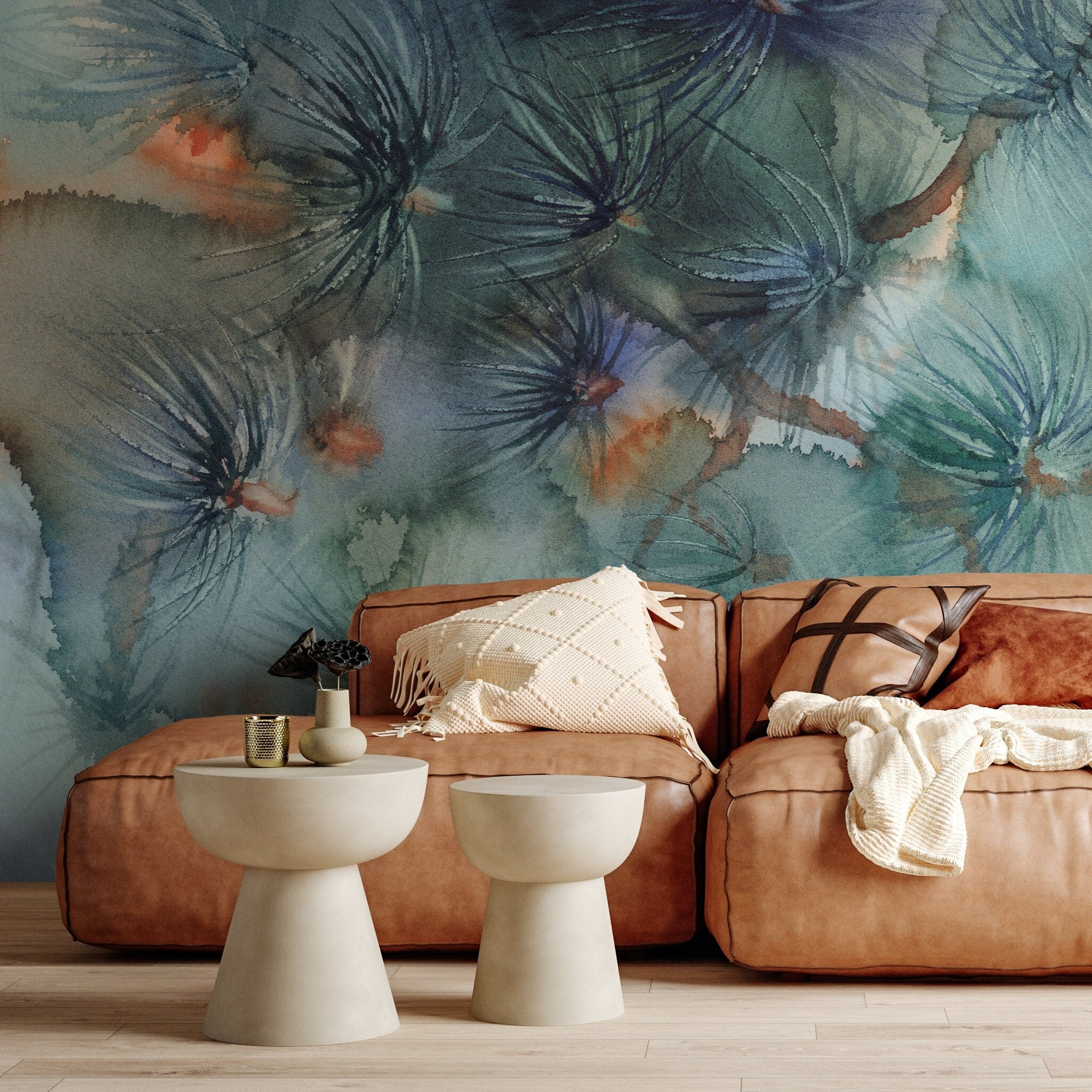 Botanical Wallpaper With A Watercolor Pine Motif In Teal, Green, And Orange - A014
