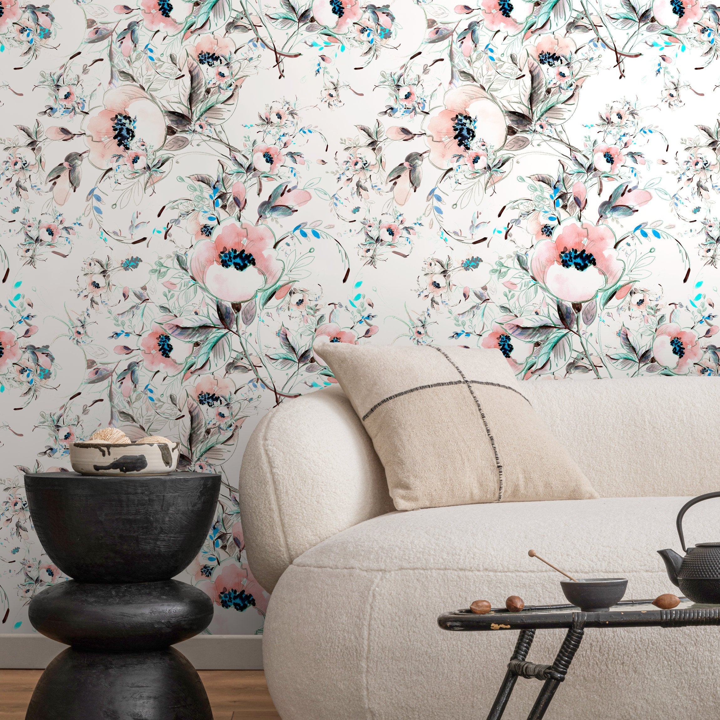 Floral Wallpaper Featuring Watercolor Blooms In Pink, Blue, And Black - A015