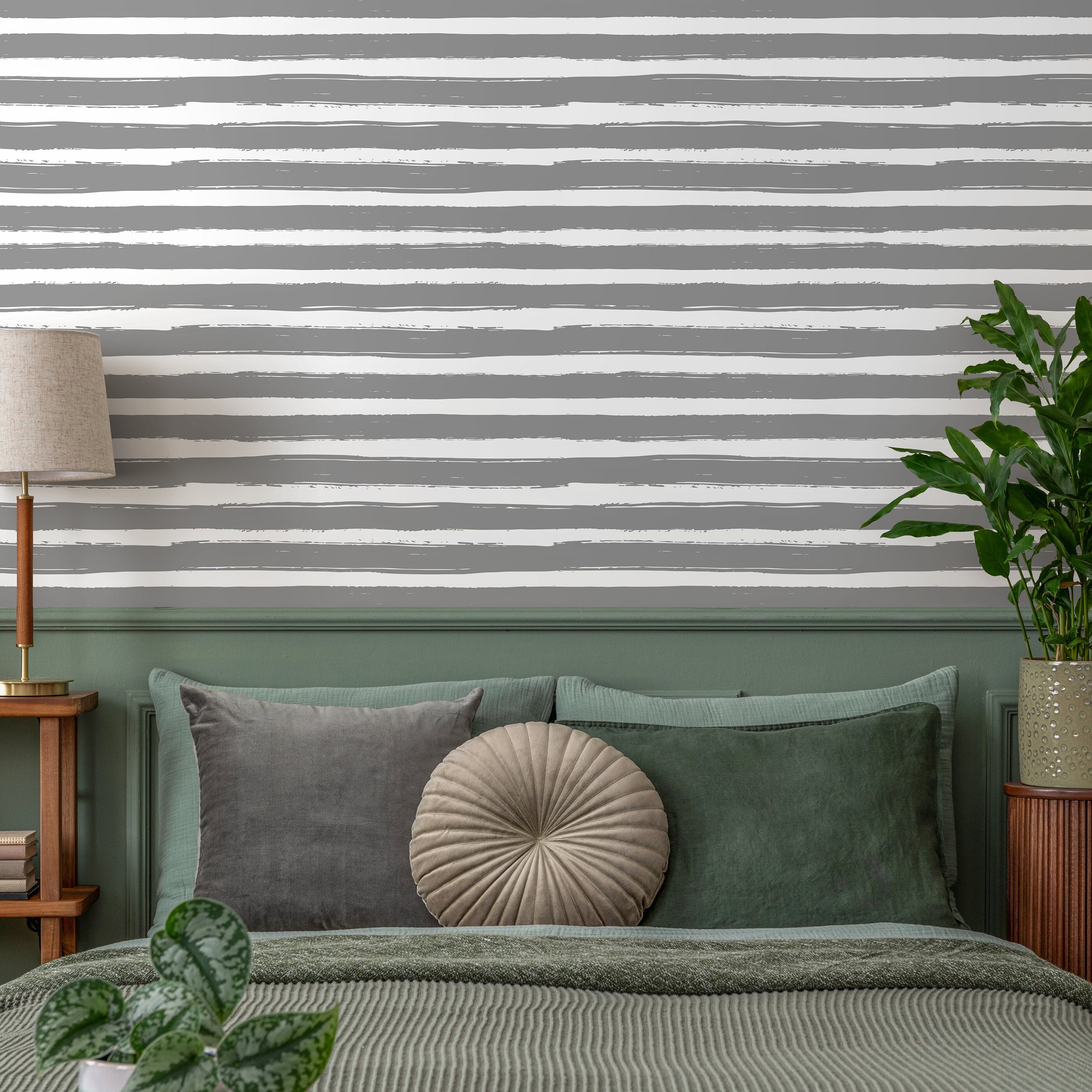 Striped Wallpaper With A Hand-painted Brushstroke Motif In Grey - A018