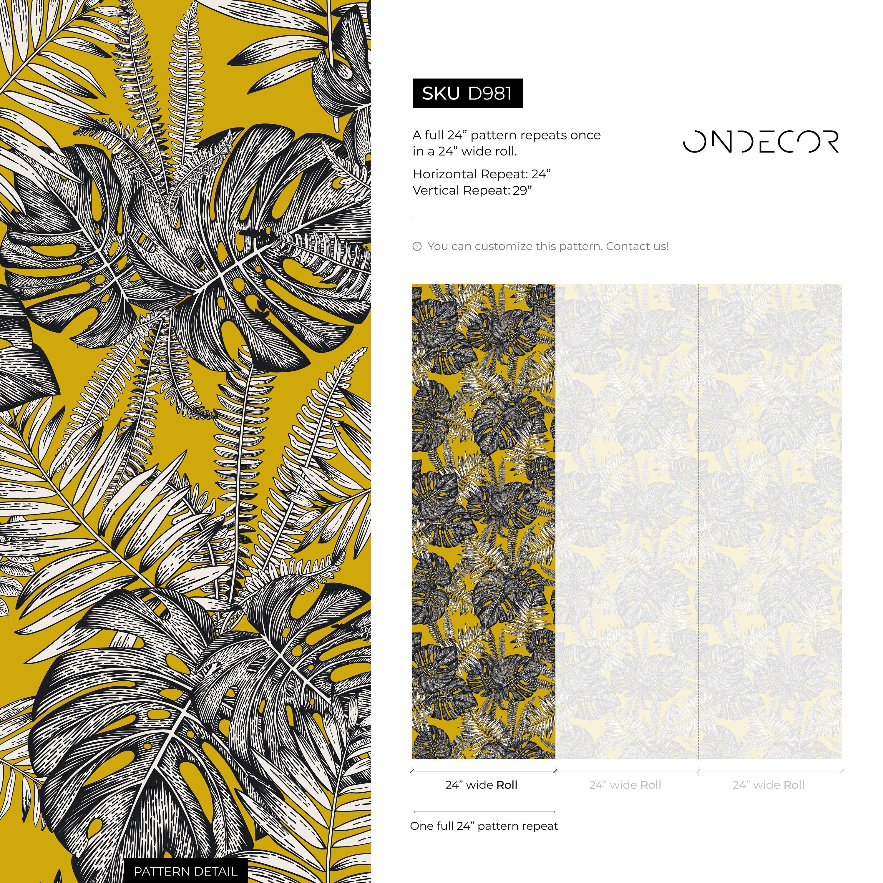 Botanical Wallpaper With Monstera And Palm Leaves In Yellow, Black, And White - D981