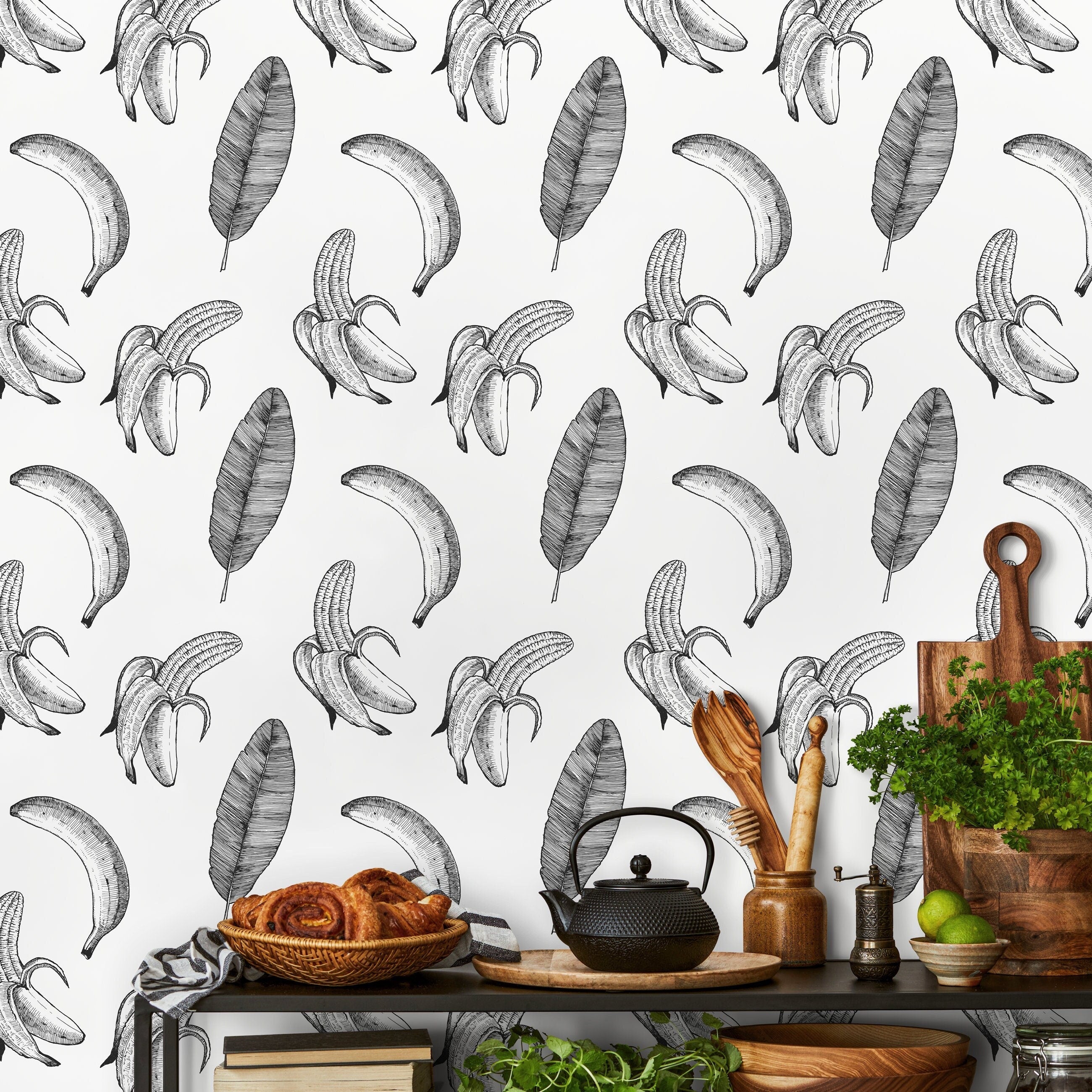 Botanical Wallpaper With A Hand-drawn Banana Motif In Black And White - D986