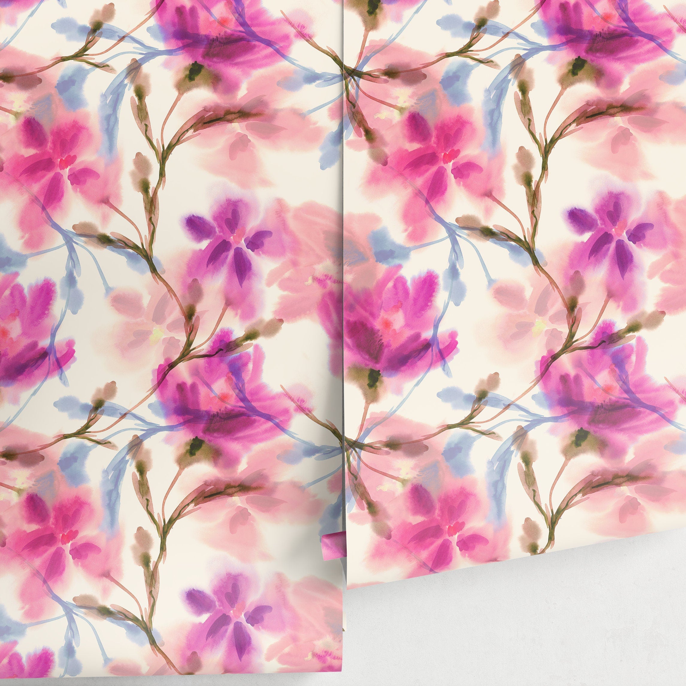 Floral Wallpaper With A Watercolor Motif In Pink, Magenta, And Blue - A030