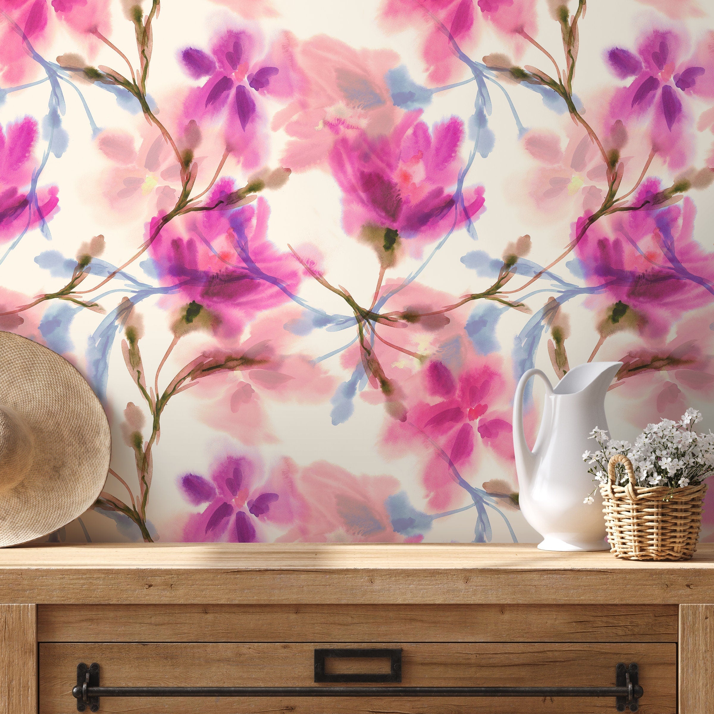 Floral Wallpaper With A Watercolor Motif In Pink, Magenta, And Blue - A030