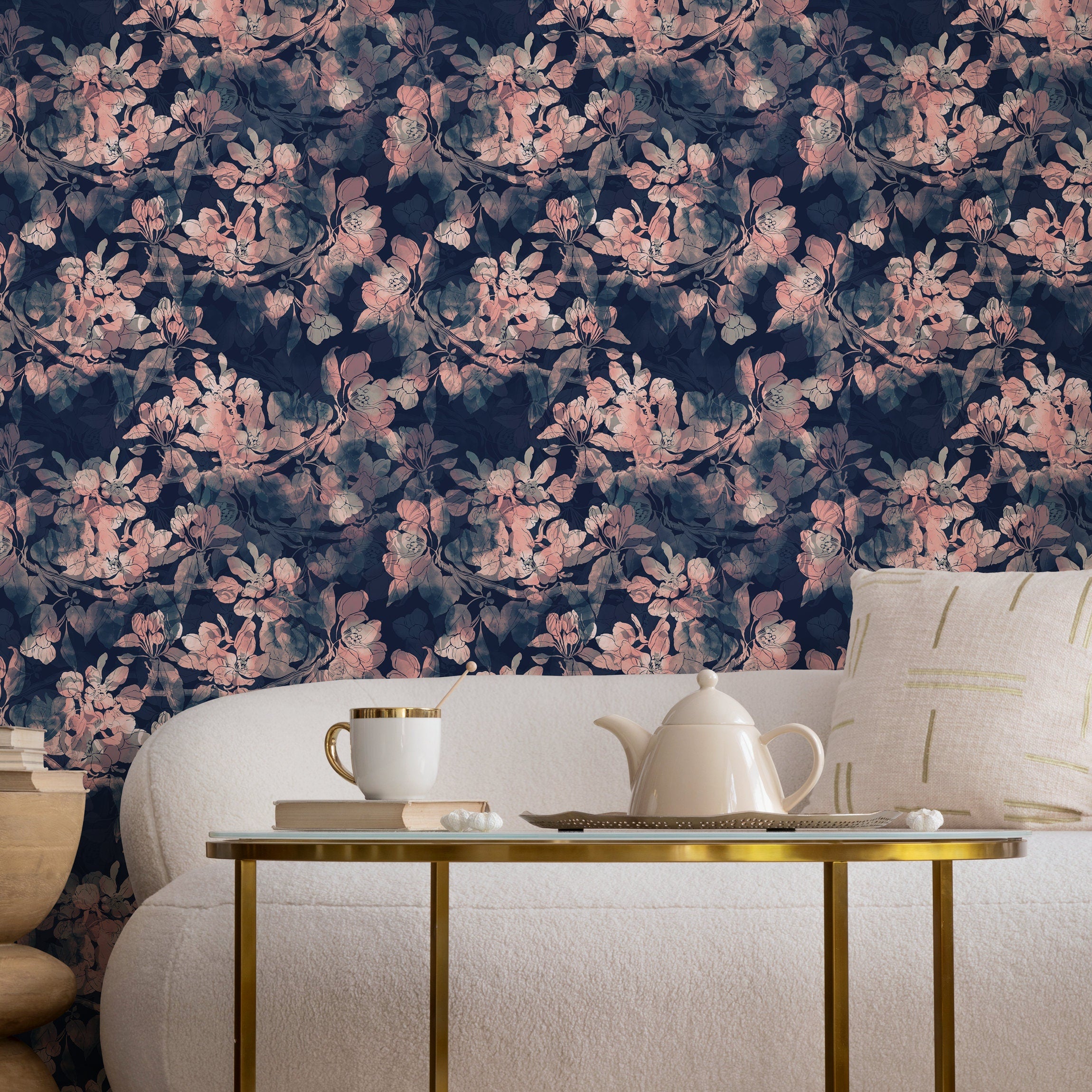 Floral Wallpaper With A Moody Blossom Motif In Navy Blue And Pink - A033