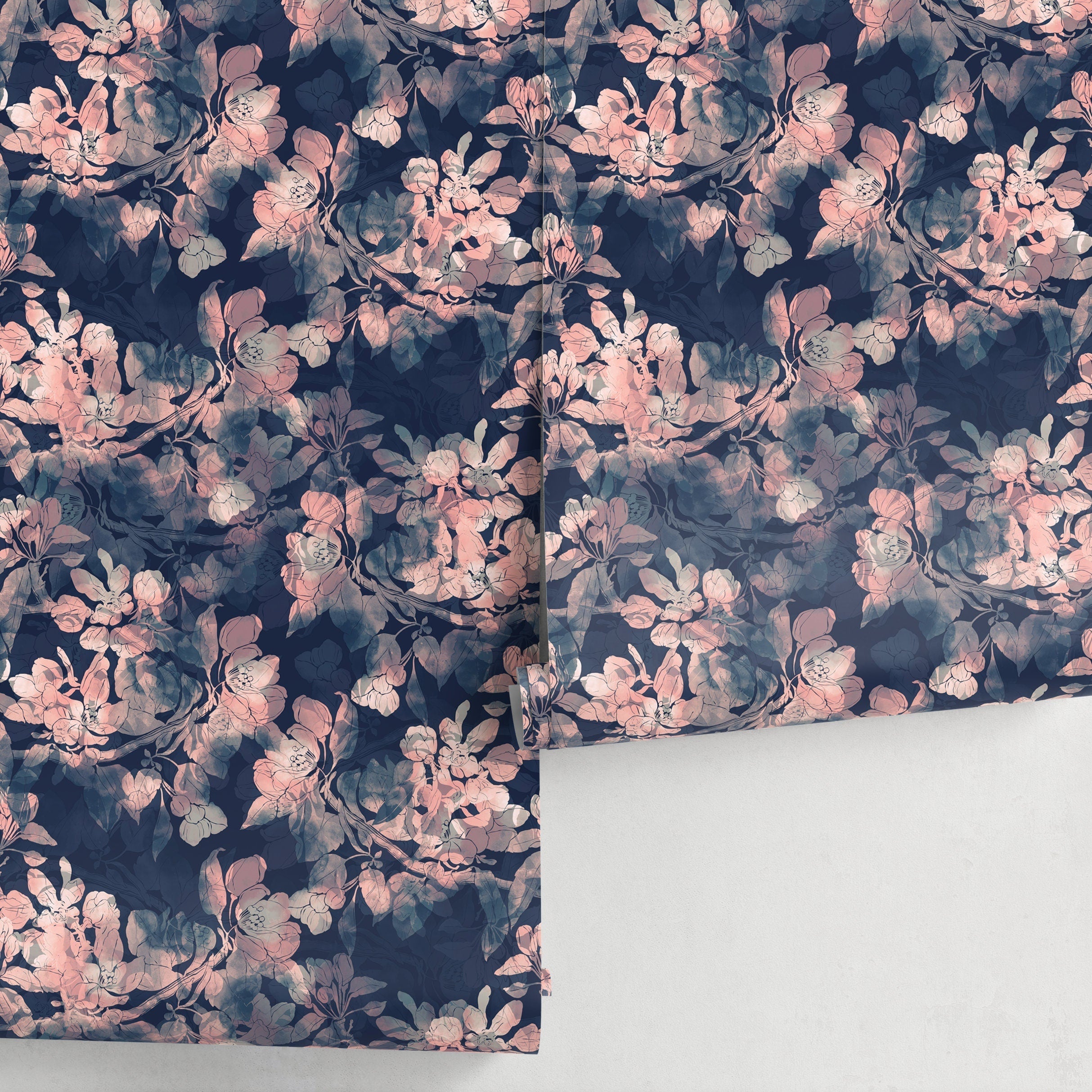 Floral Wallpaper With A Moody Blossom Motif In Navy Blue And Pink - A033