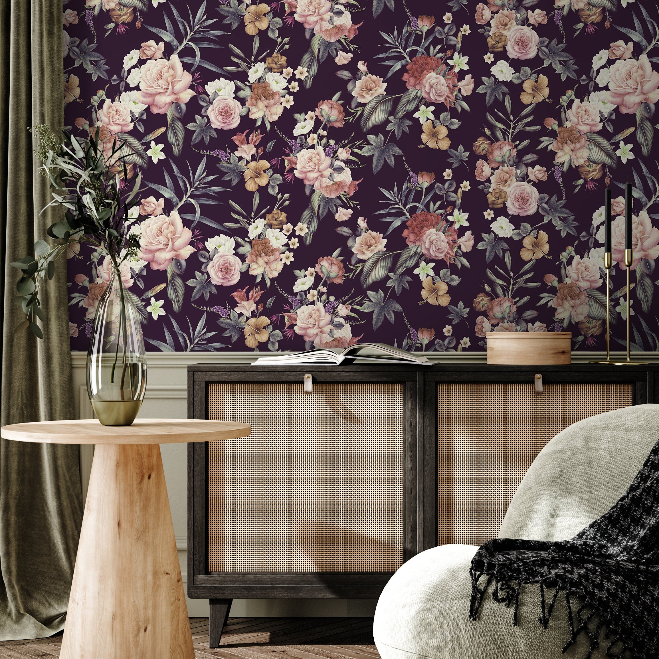 Floral Wallpaper With A Vintage Bouquet In Purple, Pink, And Red - A037