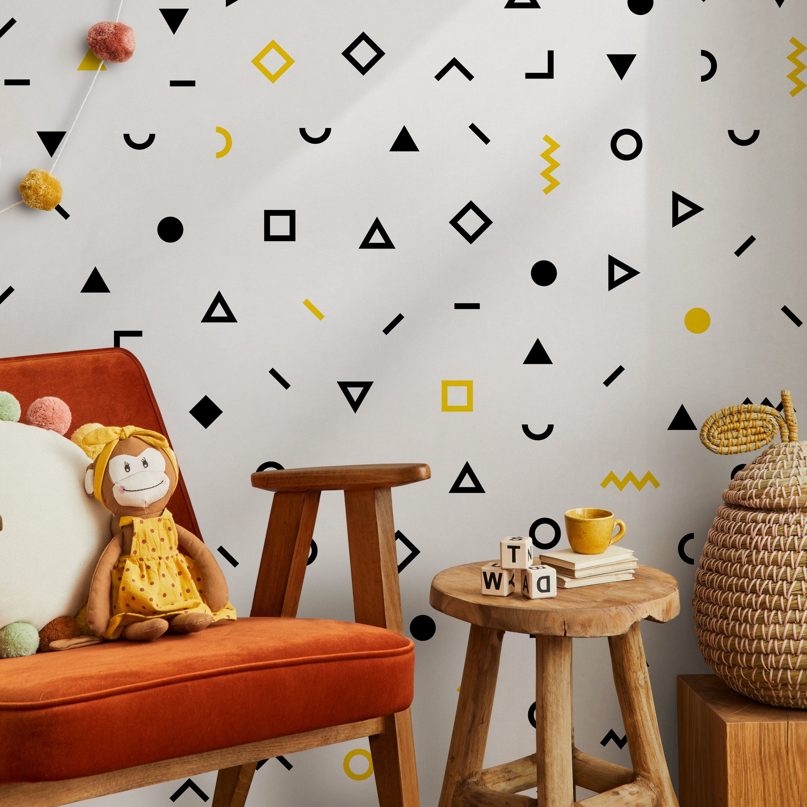Geometric Wallpaper With Abstract Shapes In Black And Yellow - A041