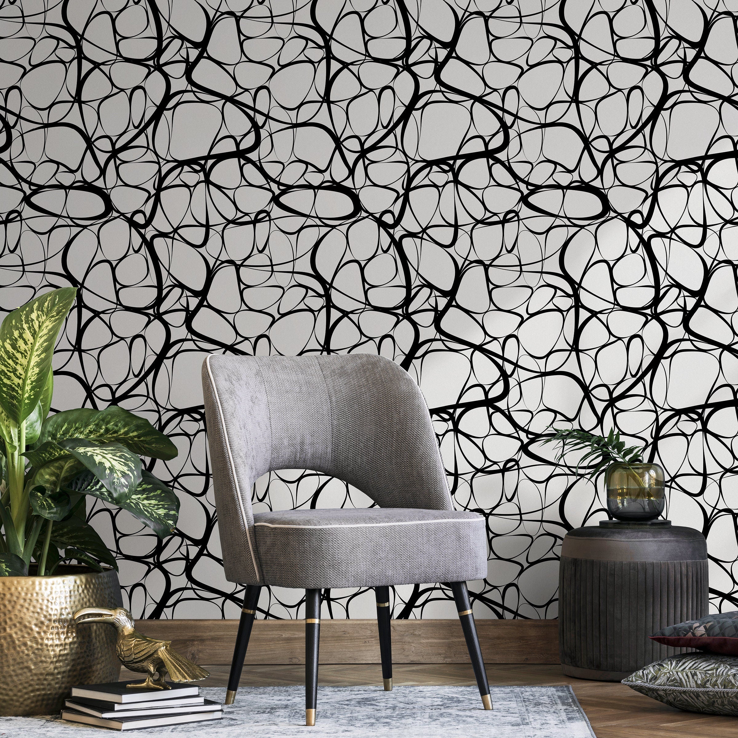 Abstract Wallpaper With A Fluid Linear Design In Black And White - A042