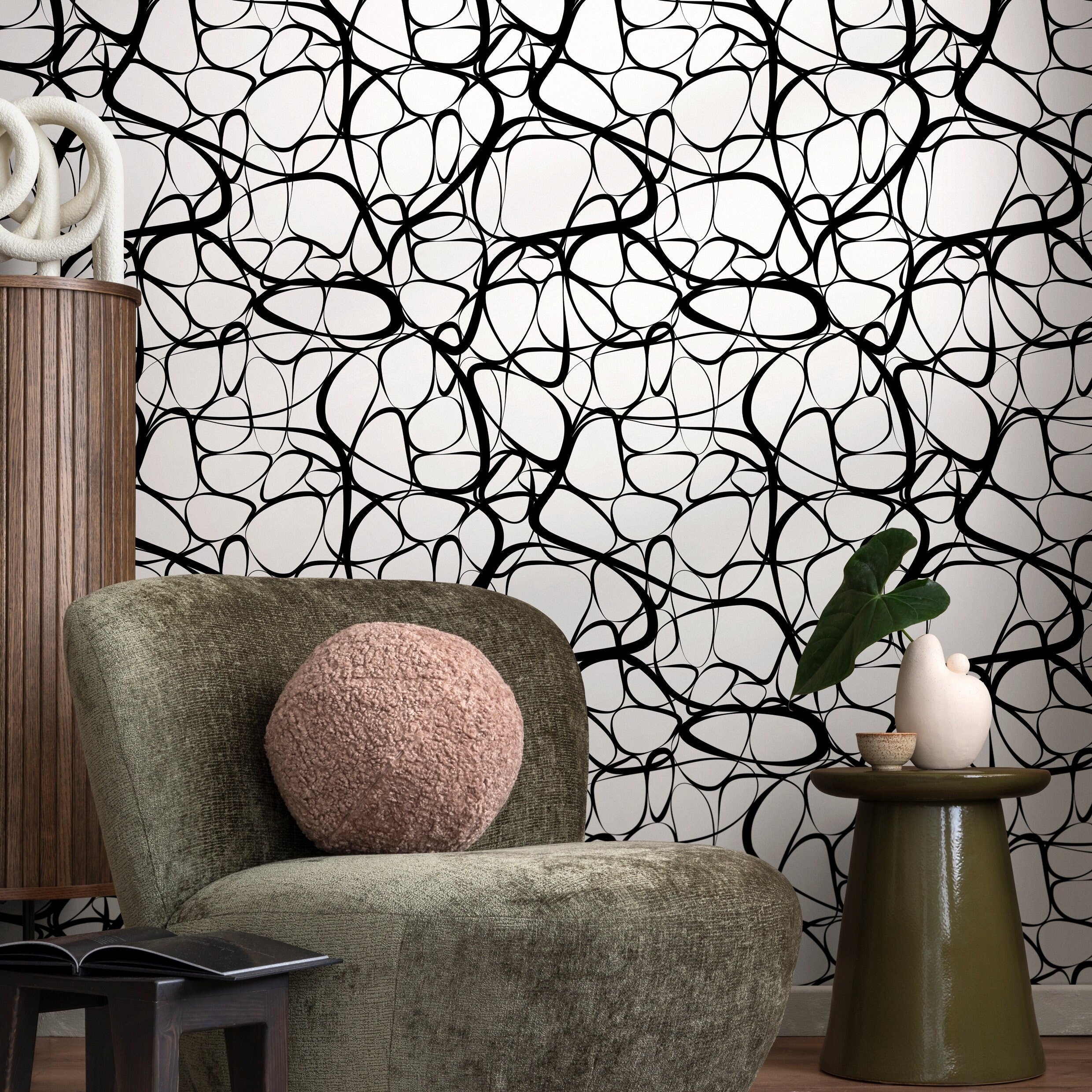 Abstract Wallpaper With A Fluid Linear Design In Black And White - A042