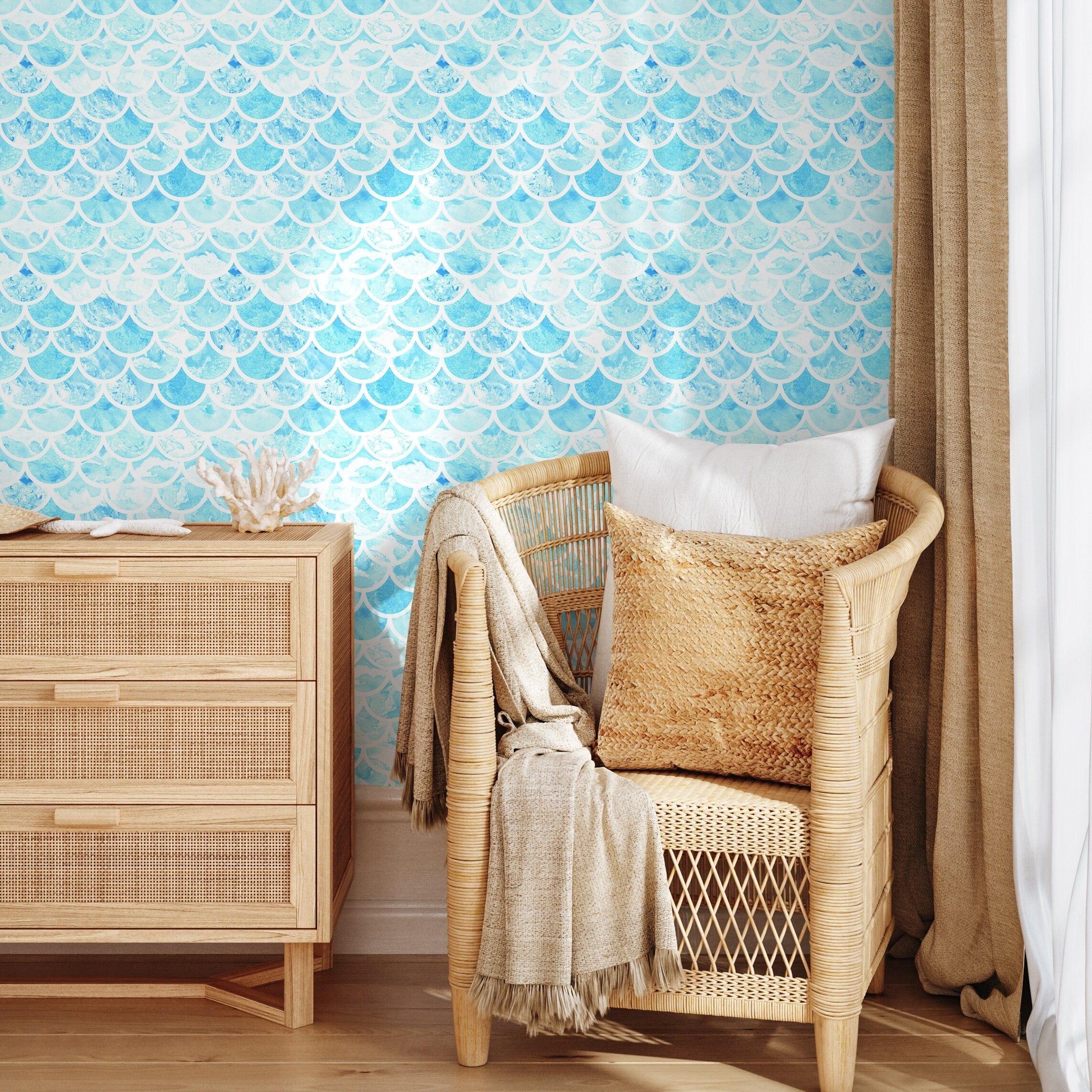 Watercolor Wallpaper With A Mermaid Scale Motif In Blue And White - A044