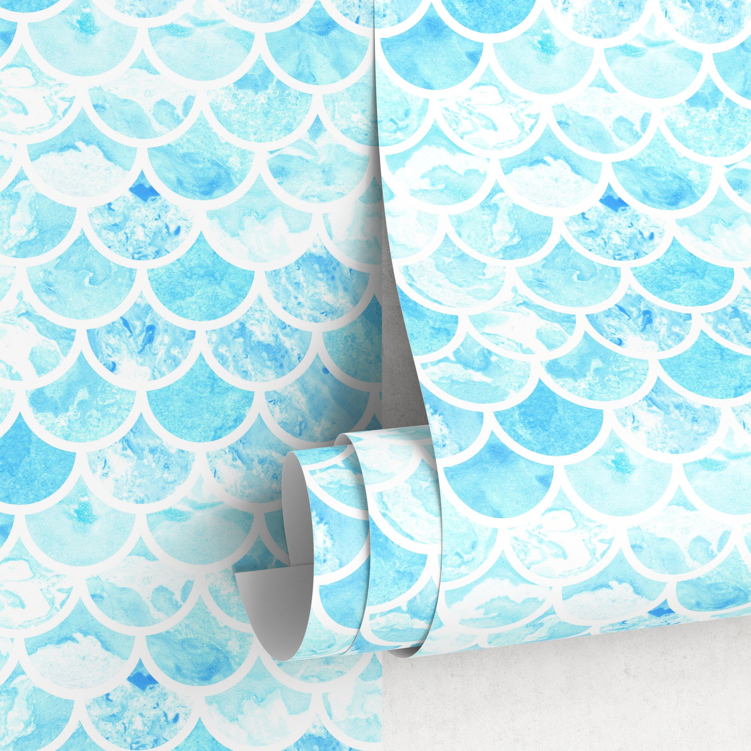 Watercolor Wallpaper With A Mermaid Scale Motif In Blue And White - A044