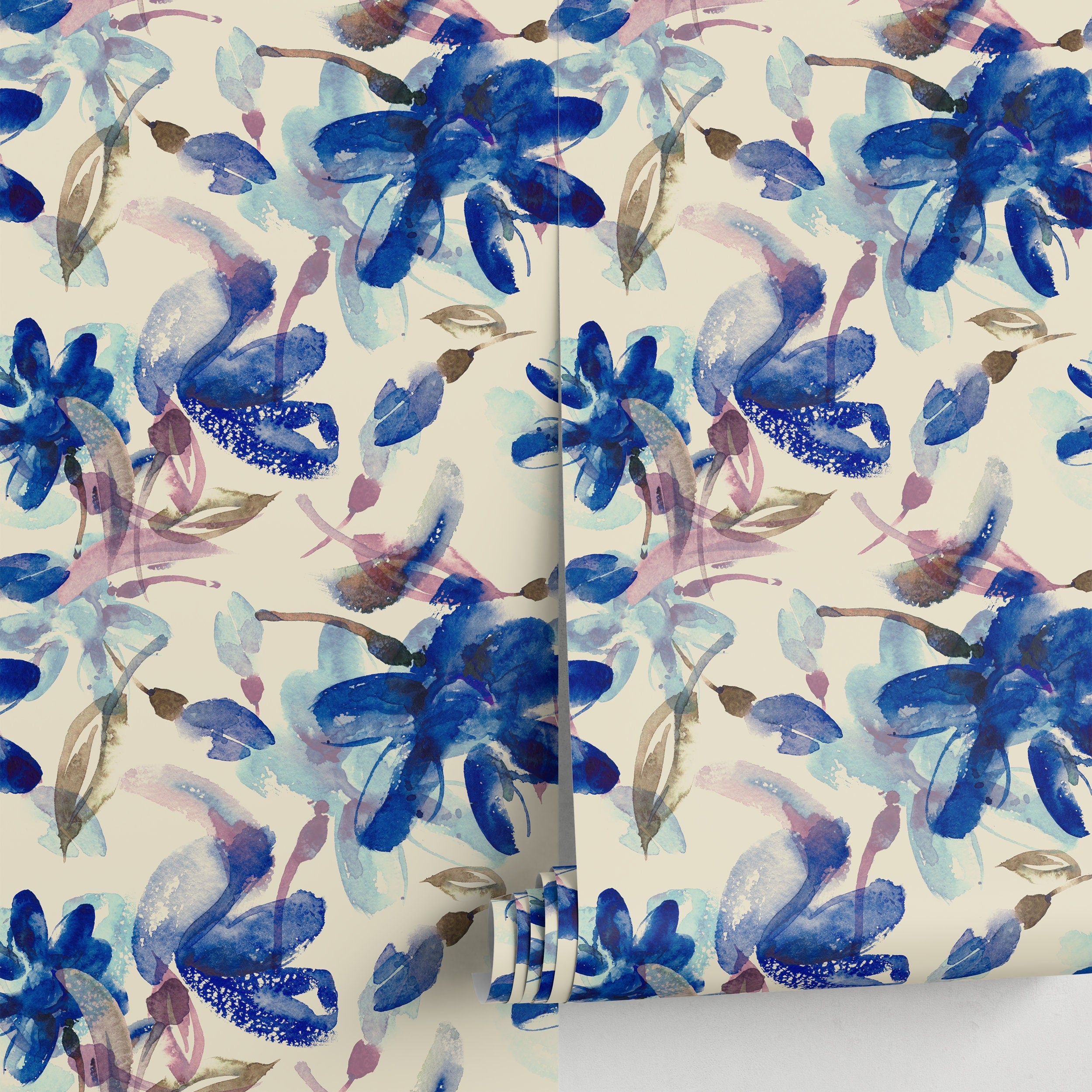 Floral Wallpaper With An Abstract Watercolor Style In Blue And Purple - A046