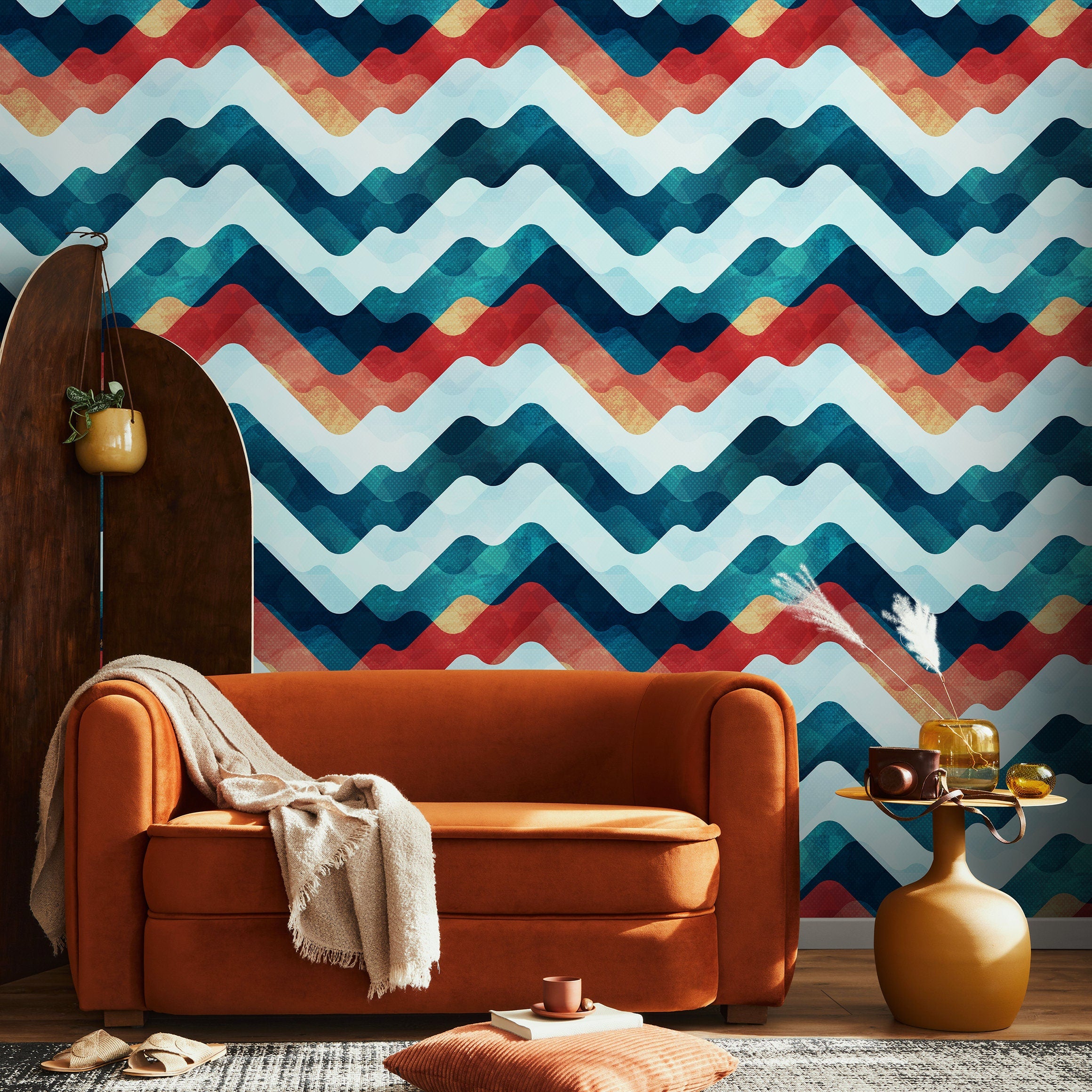 Abstract Wallpaper With A Wavy Mountain Motif In Teal, Red, And Yellow - A054