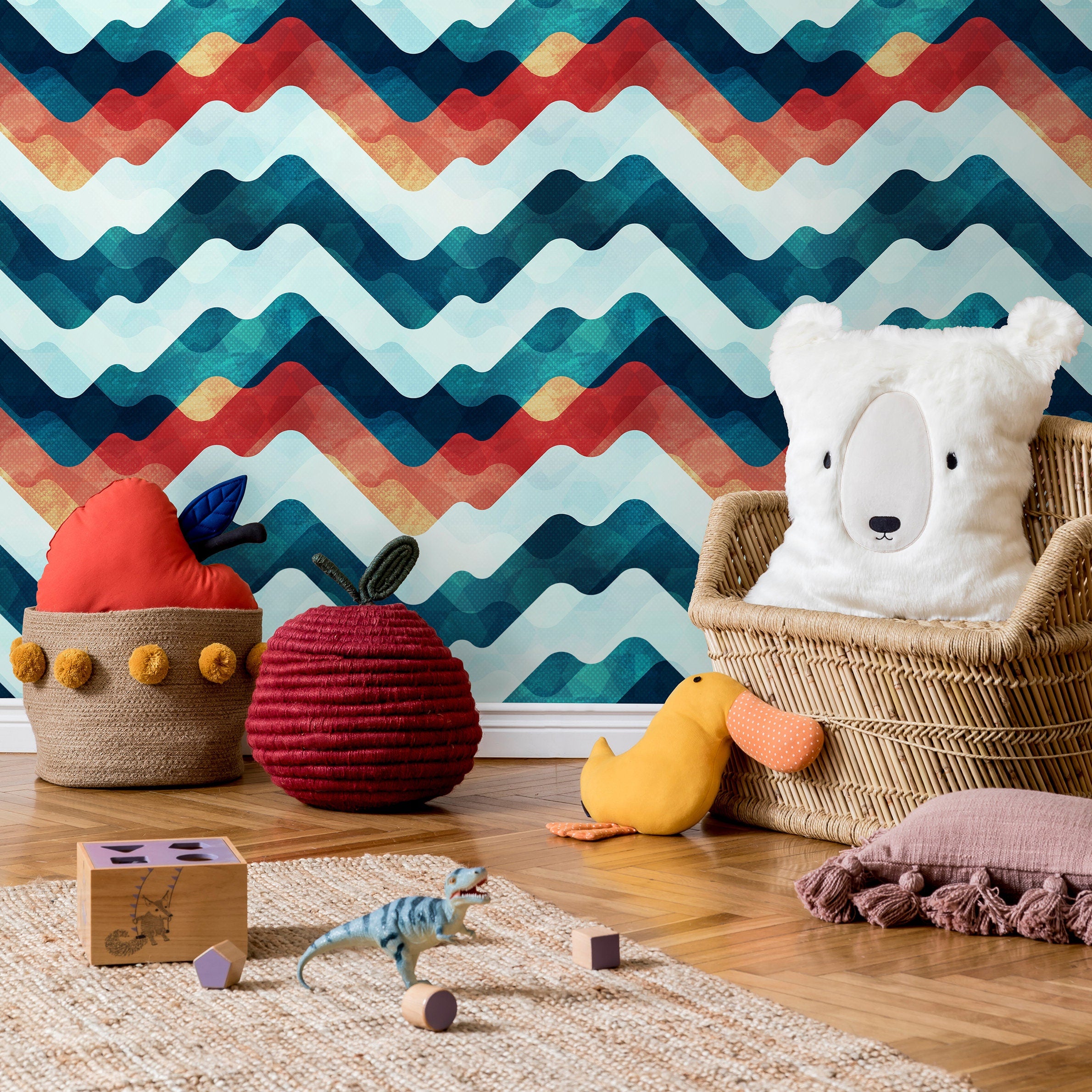 Abstract Wallpaper With A Wavy Mountain Motif In Teal, Red, And Yellow - A054