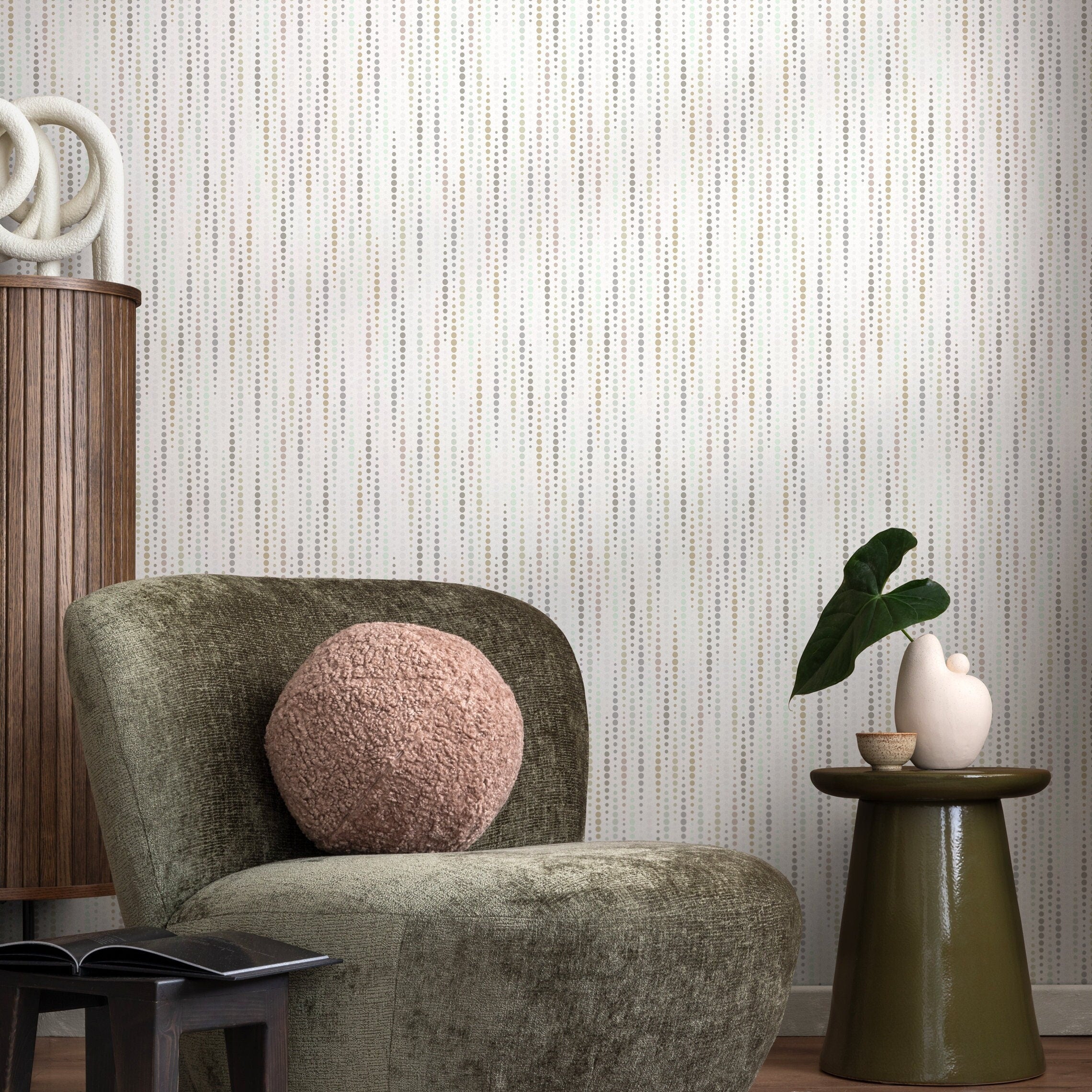 Abstract Wallpaper With Cascading Dots In Gray, Green, And Taupe - A057