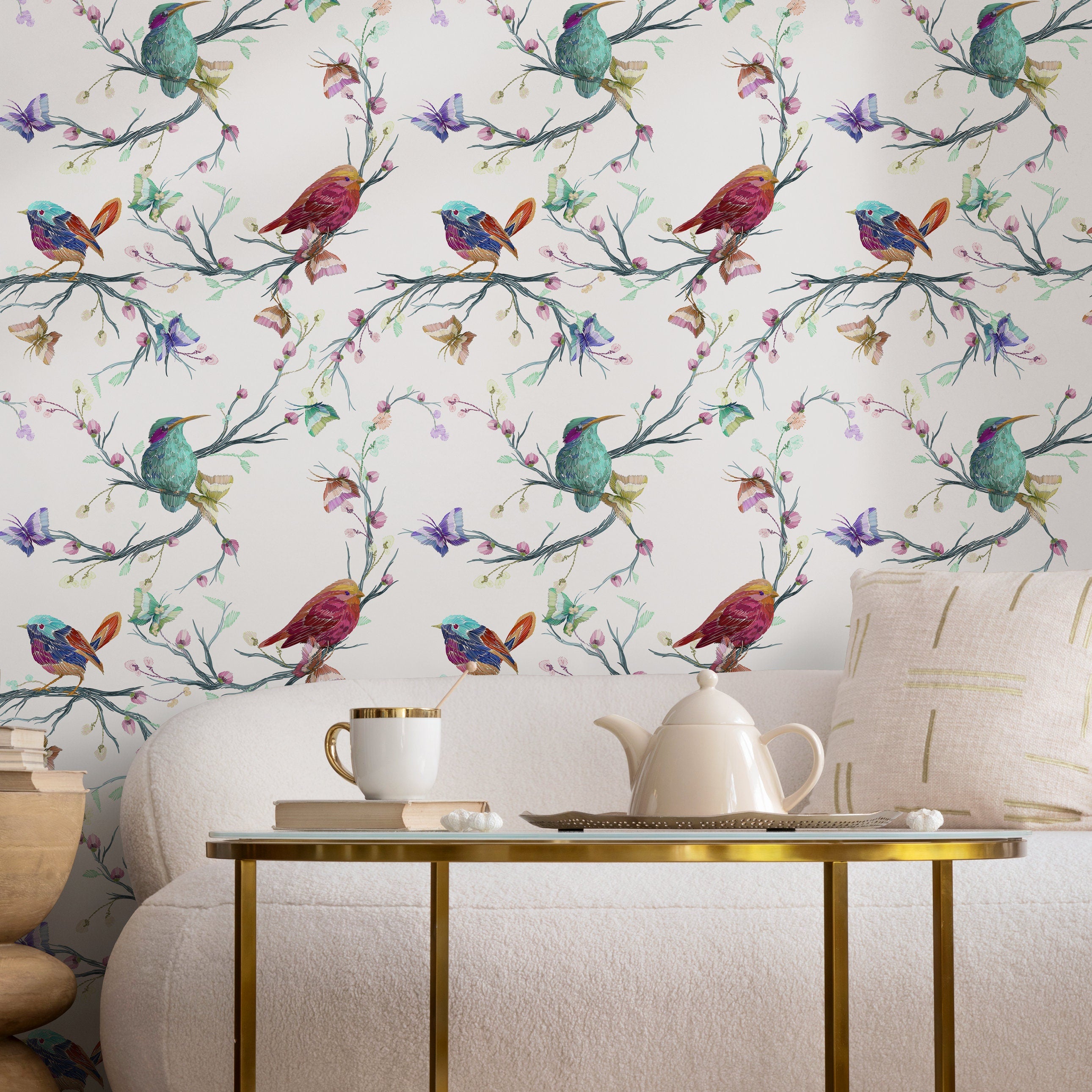 Animal Wallpaper With An Embroidered Bird Motif In Teal, Pink, And Purple - A061