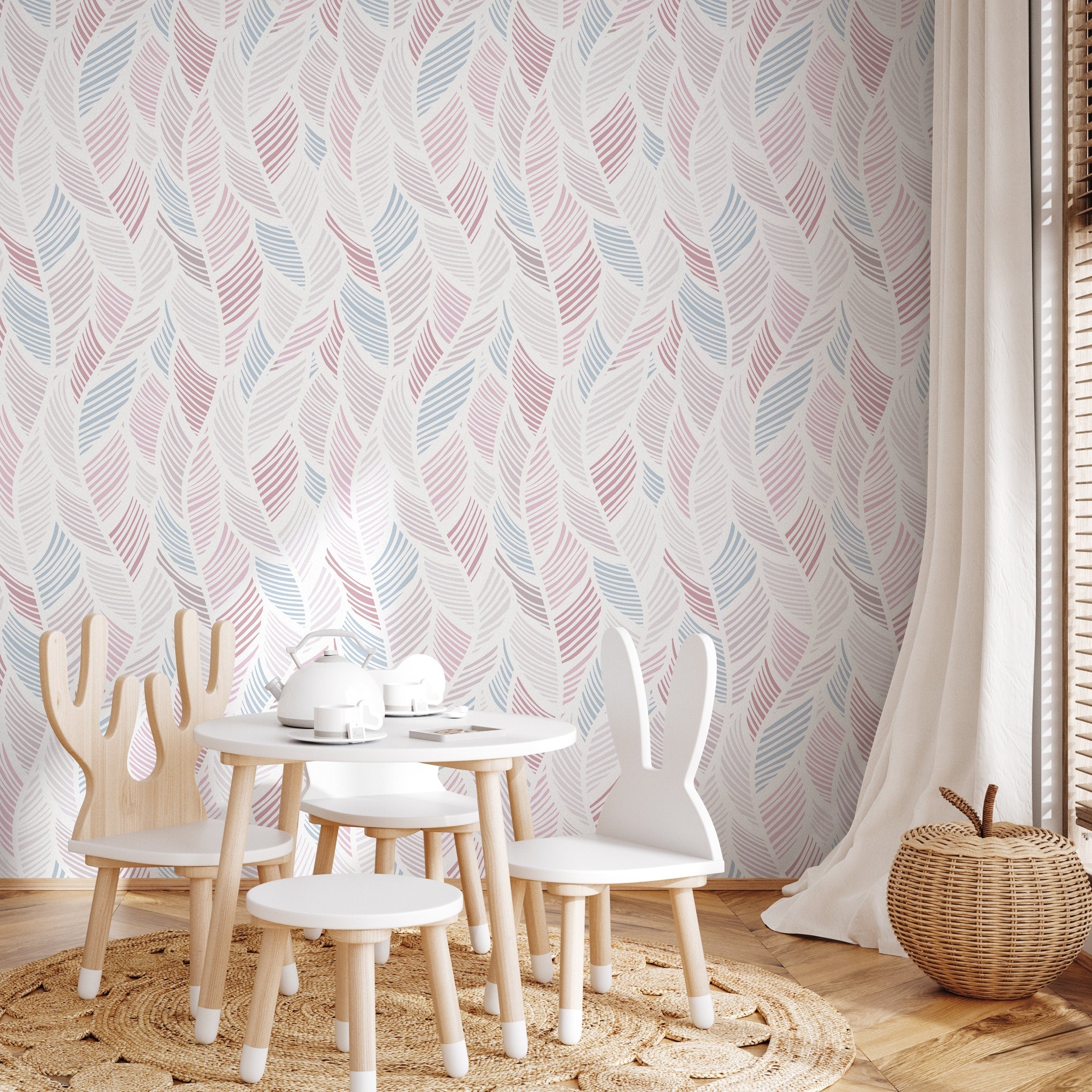 Botanical Wallpaper With Stylized Feather Motifs In Pink And Blue - A062