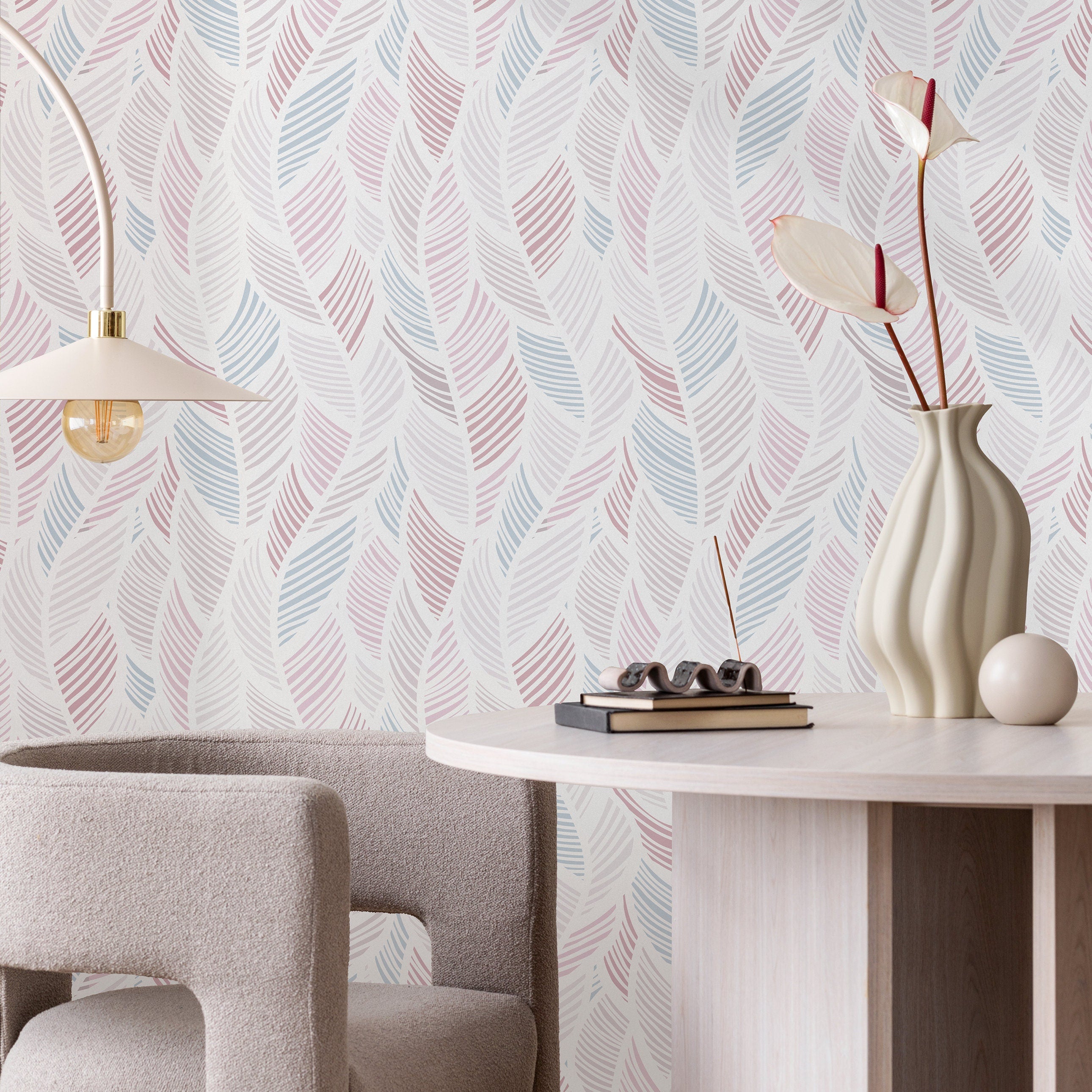 Botanical Wallpaper With Stylized Feather Motifs In Pink And Blue - A062