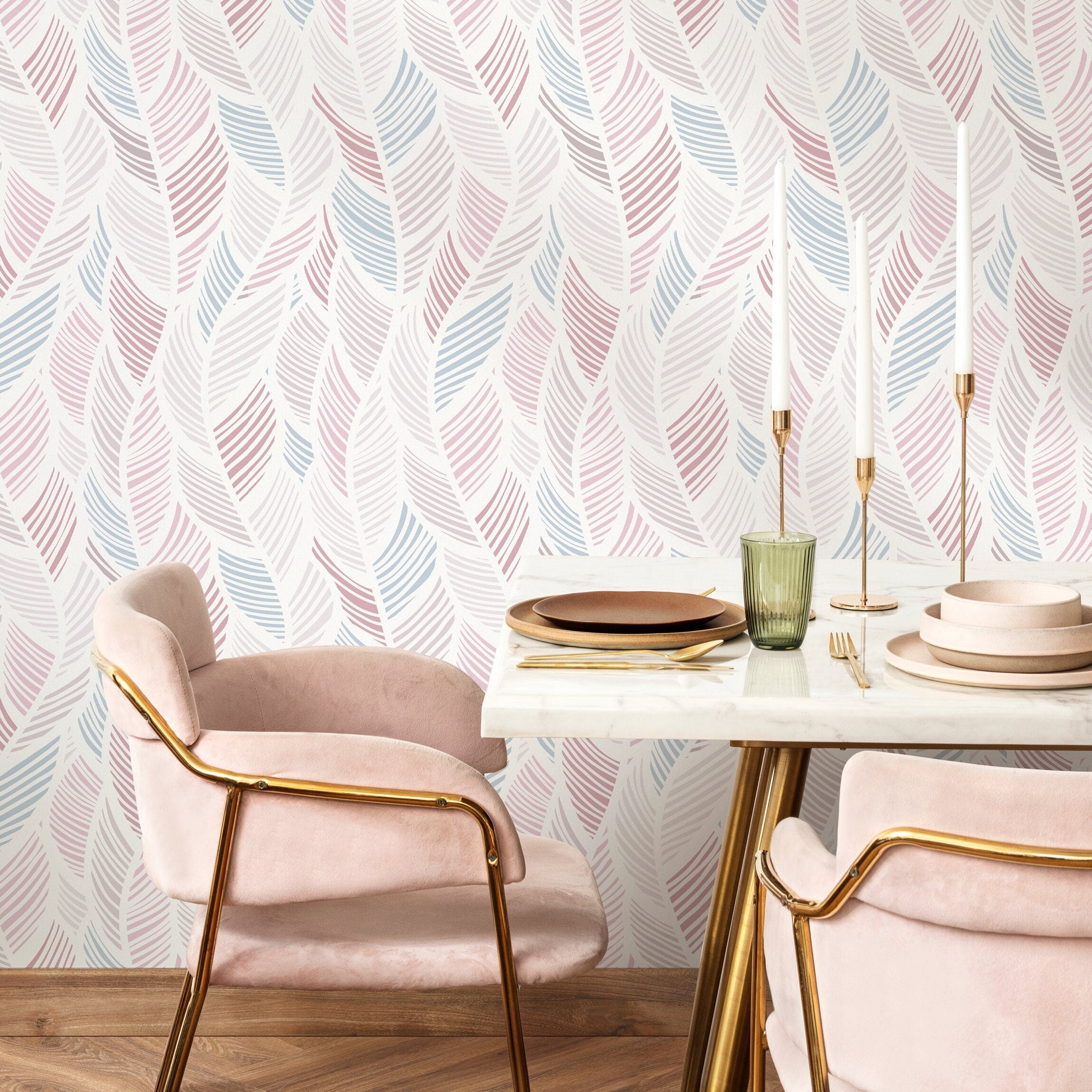 Botanical Wallpaper With Stylized Feather Motifs In Pink And Blue - A062