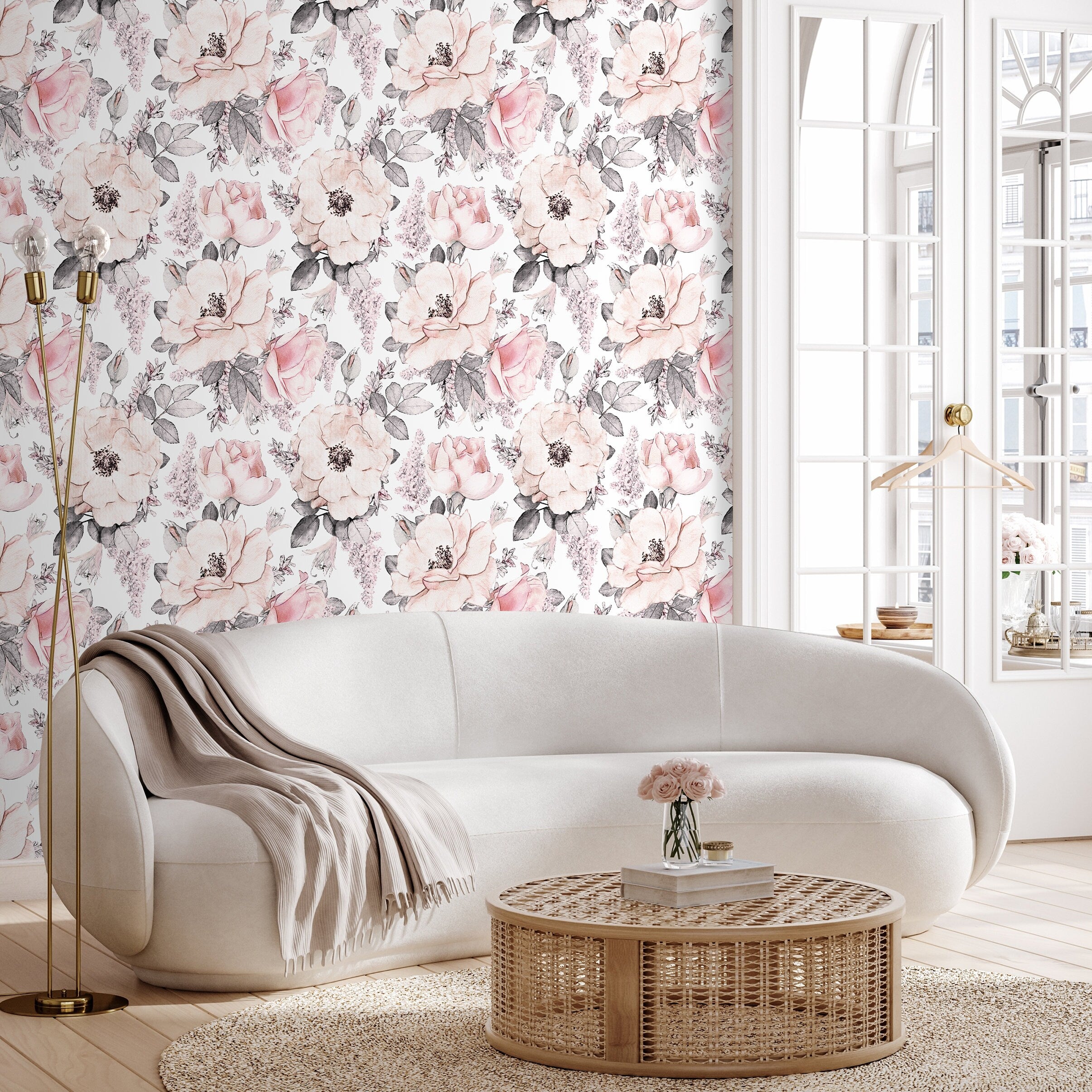 Floral Wallpaper Featuring Sketched Roses In Pink And Gray - A068