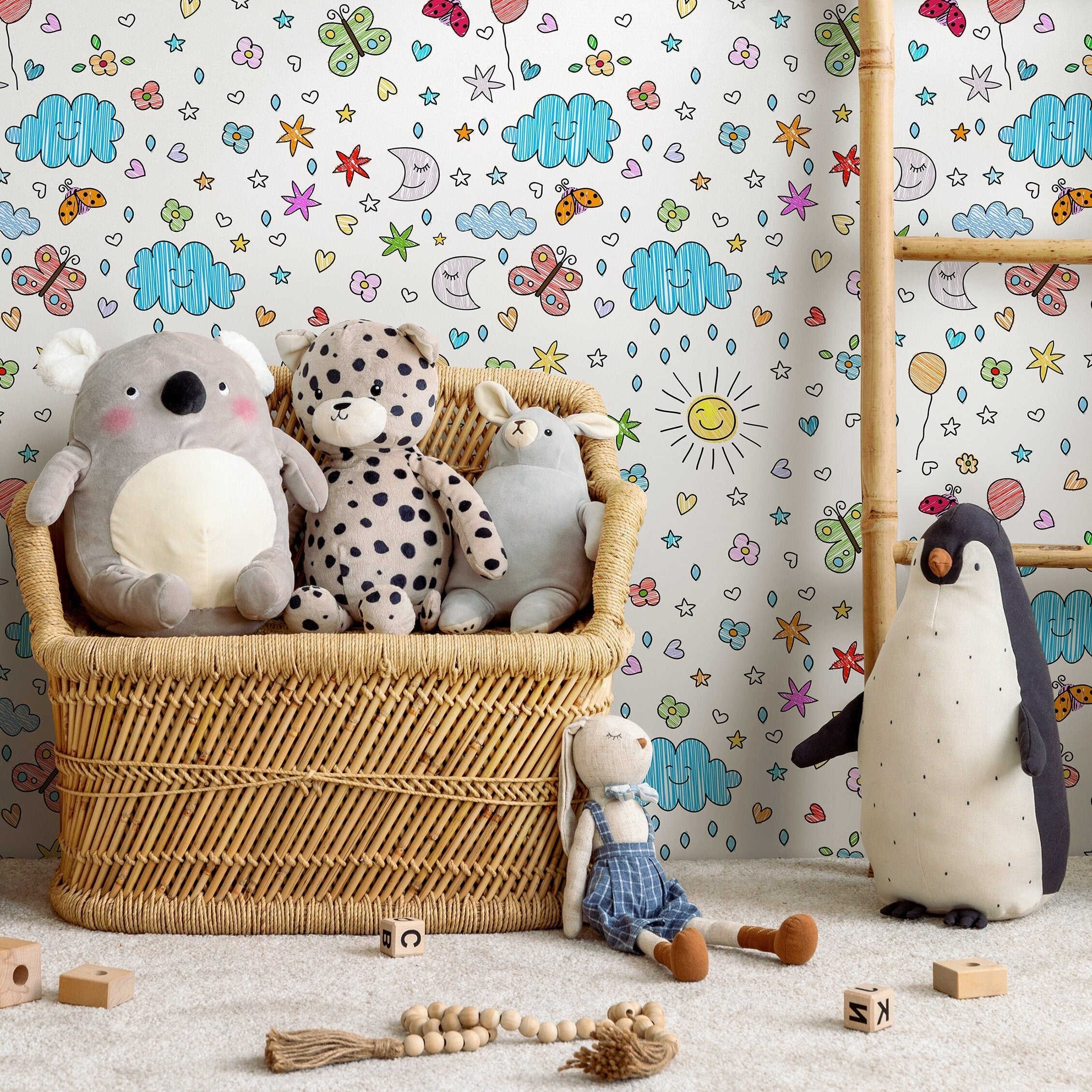 Kids Wallpaper With Hand-drawn Doodles In Blue, Red, And Yellow - A089