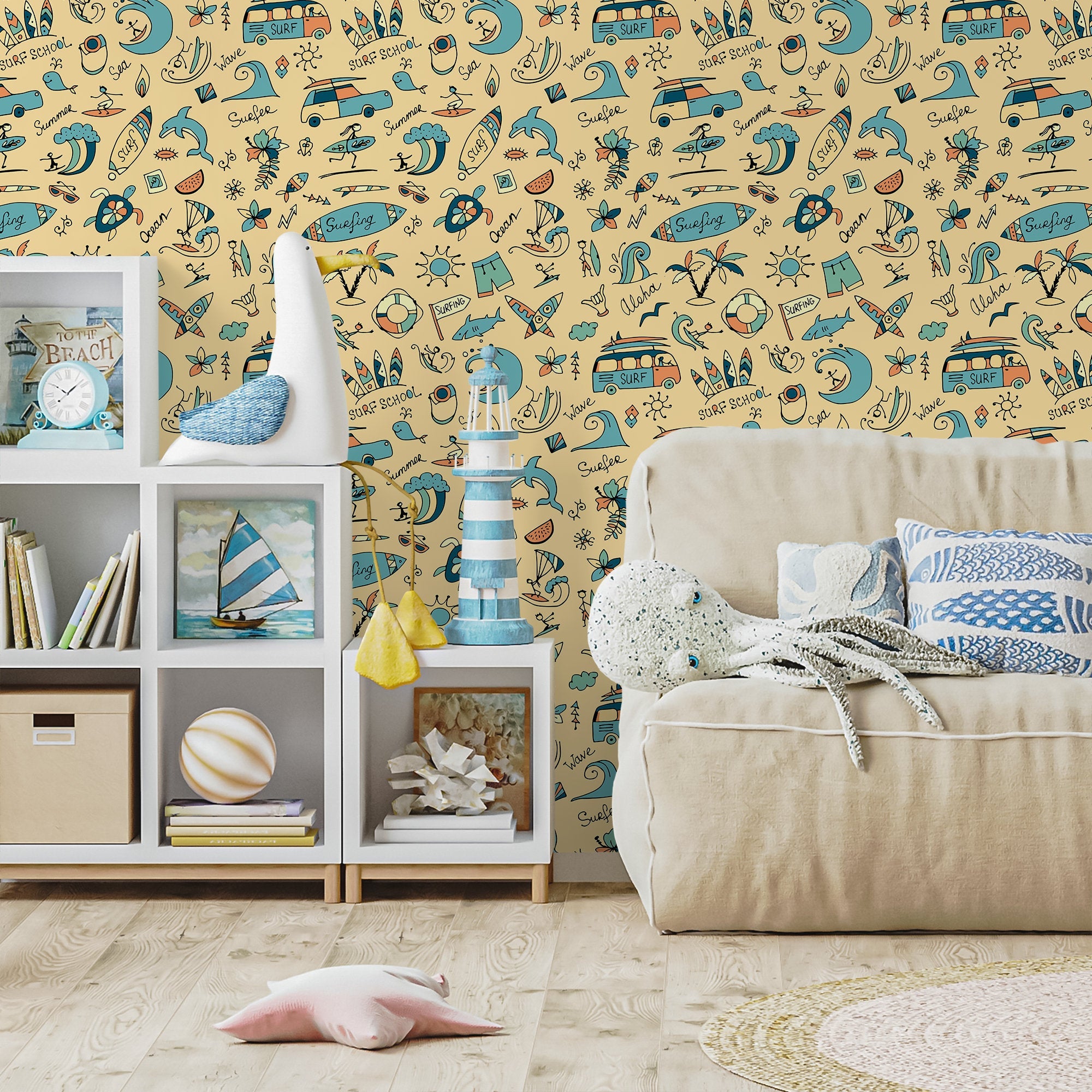 Kids Wallpaper With Hand-drawn Surf Doodles In Blue, Orange, And Beige - A093