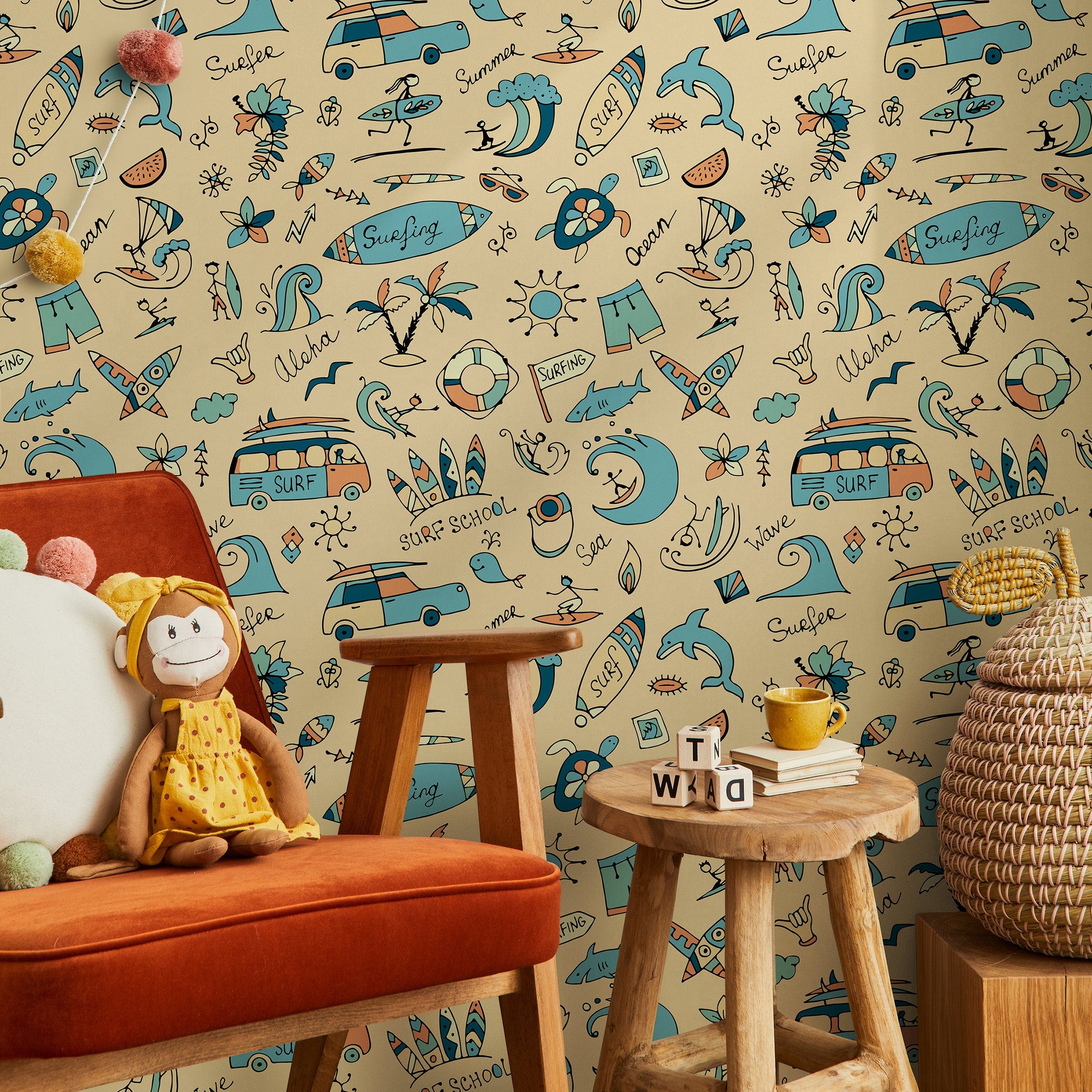 Kids Wallpaper With Hand-drawn Surf Doodles In Blue, Orange, And Beige - A093
