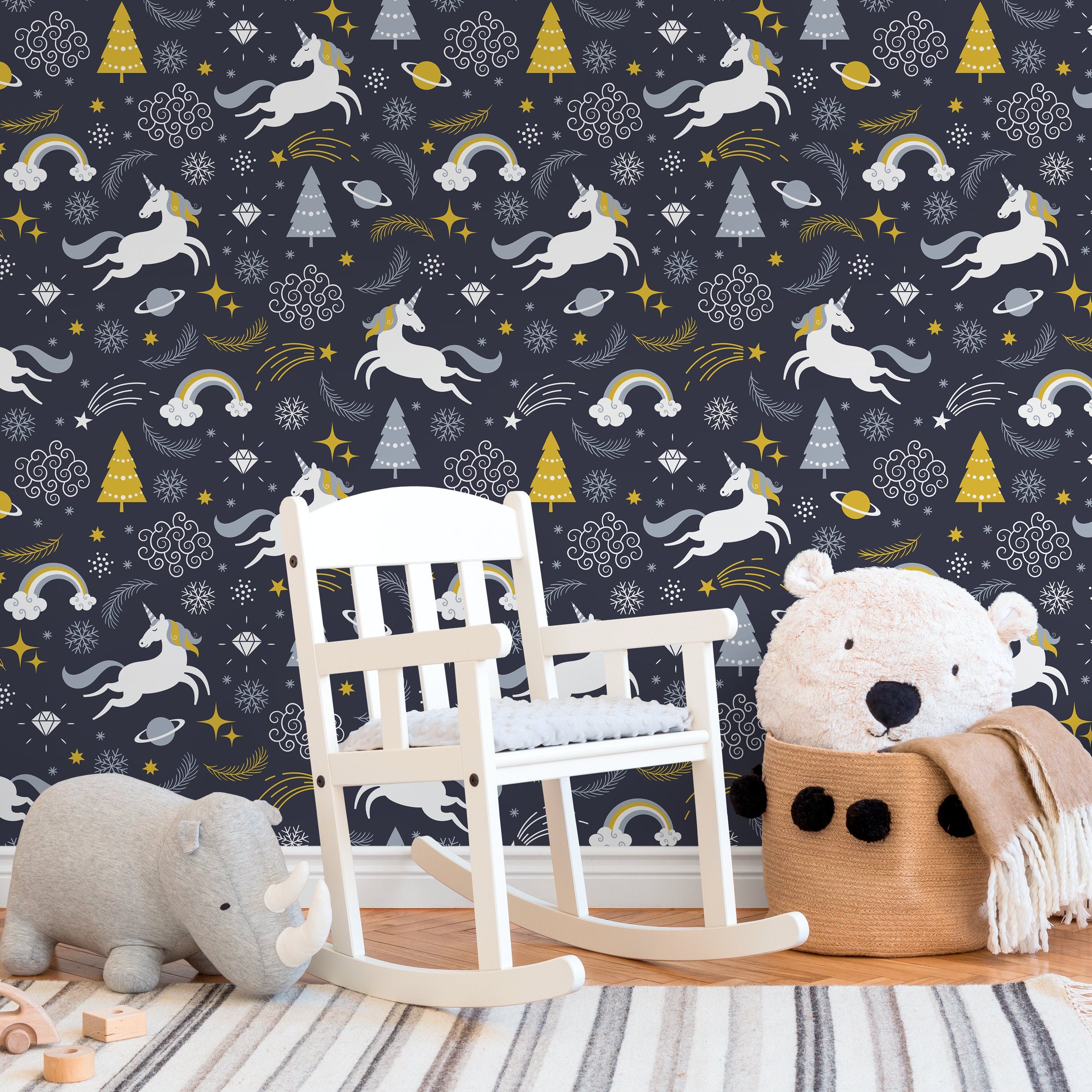 Whimsical Wallpaper With Unicorns And Planets In Navy, Yellow, And Gray - A094