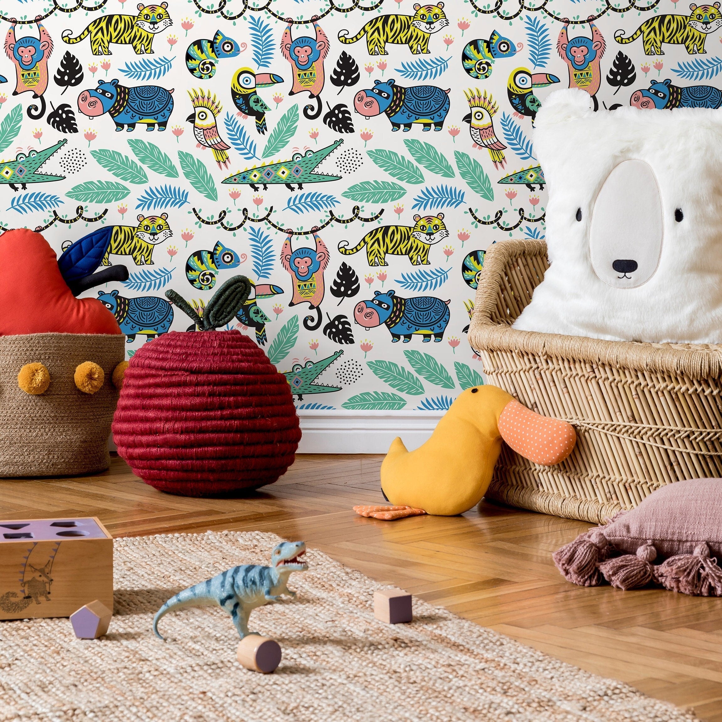 Jungle Wallpaper Featuring Cartoon Jungle Animals In Yellow, Blue, And Green - A095