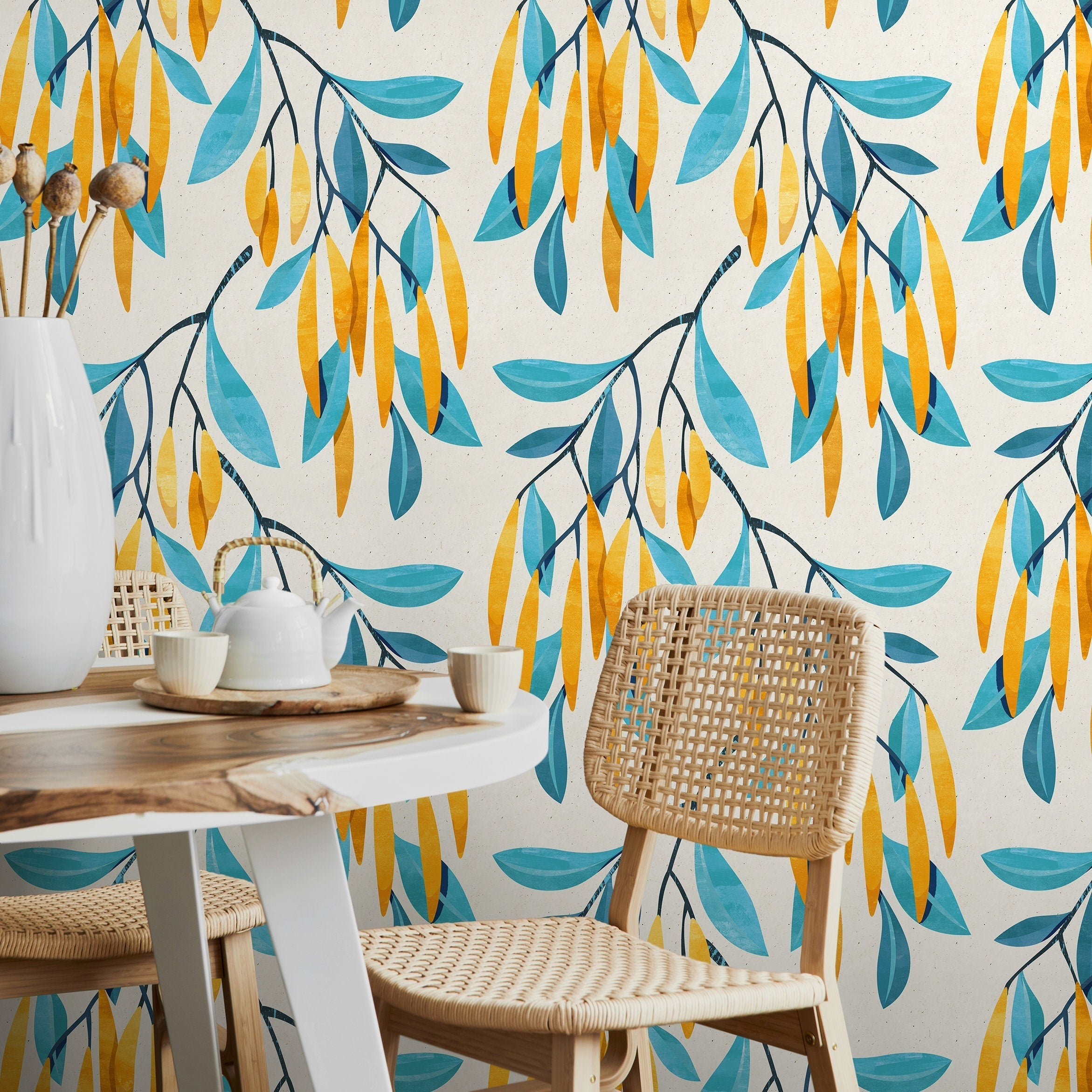 Botanical Wallpaper With Stylized Hanging Leaves In Teal, Yellow, And Blue - A098