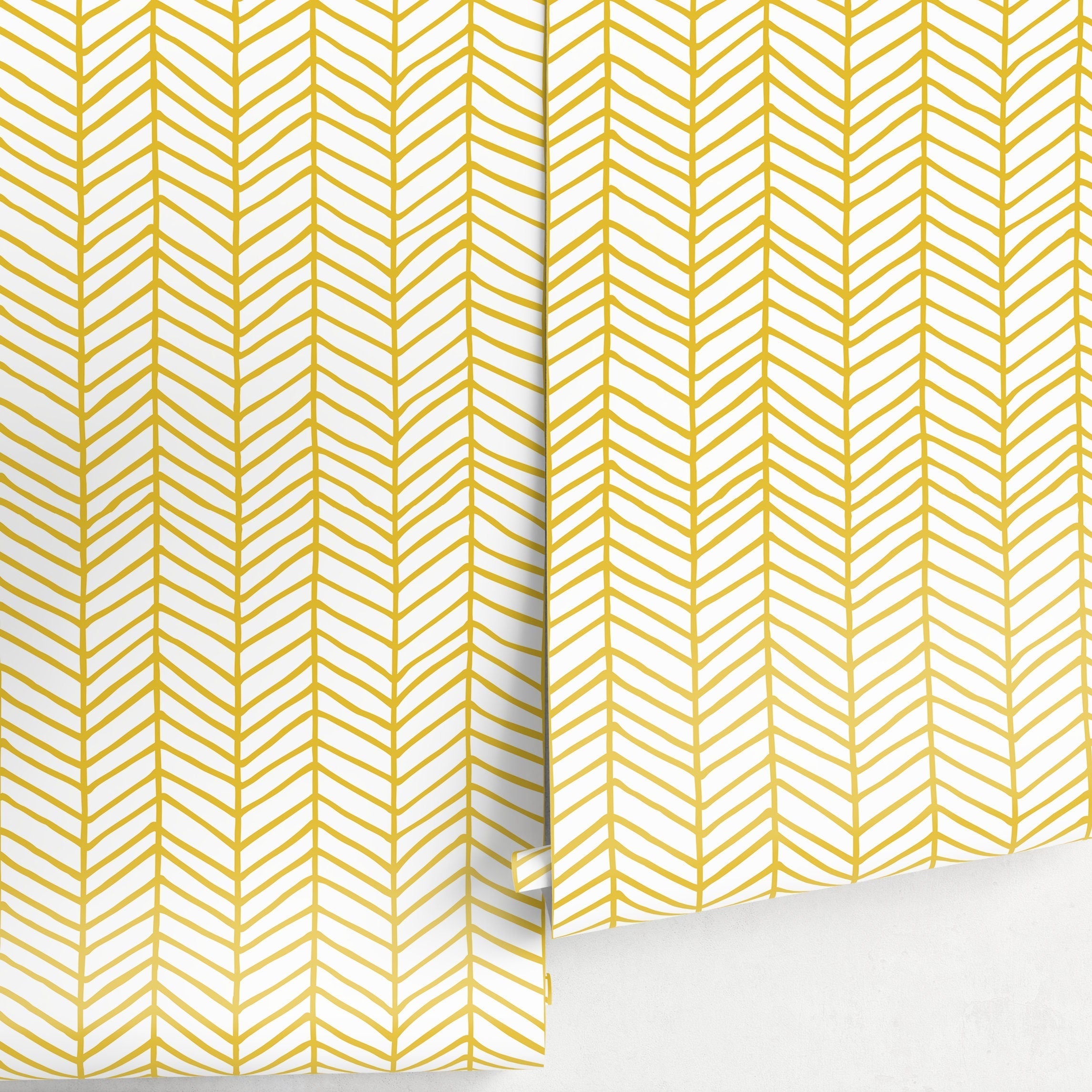 Herringbone Wallpaper With A Hand-drawn Motif In Yellow - A052