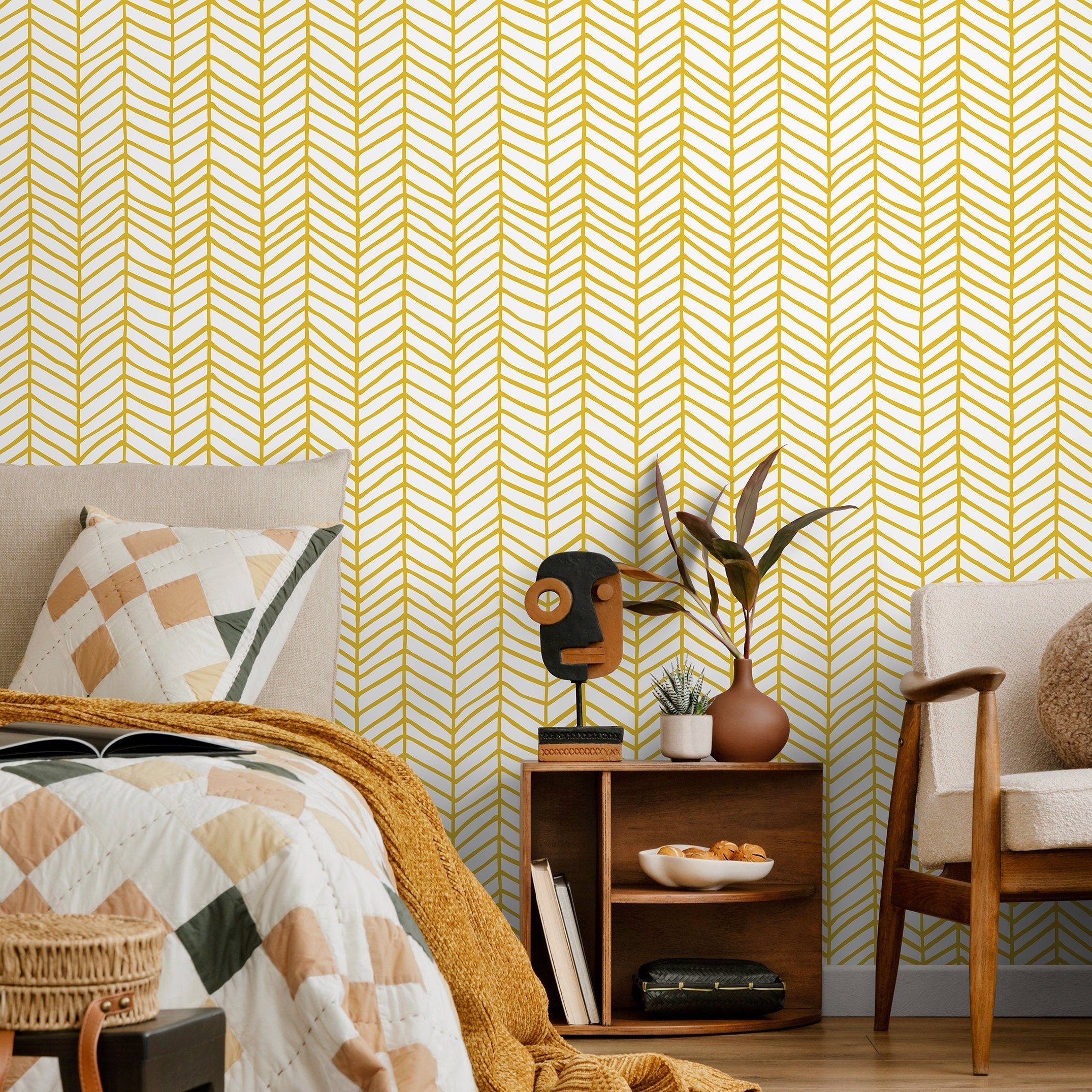Herringbone Wallpaper With A Hand-drawn Motif In Yellow - A052