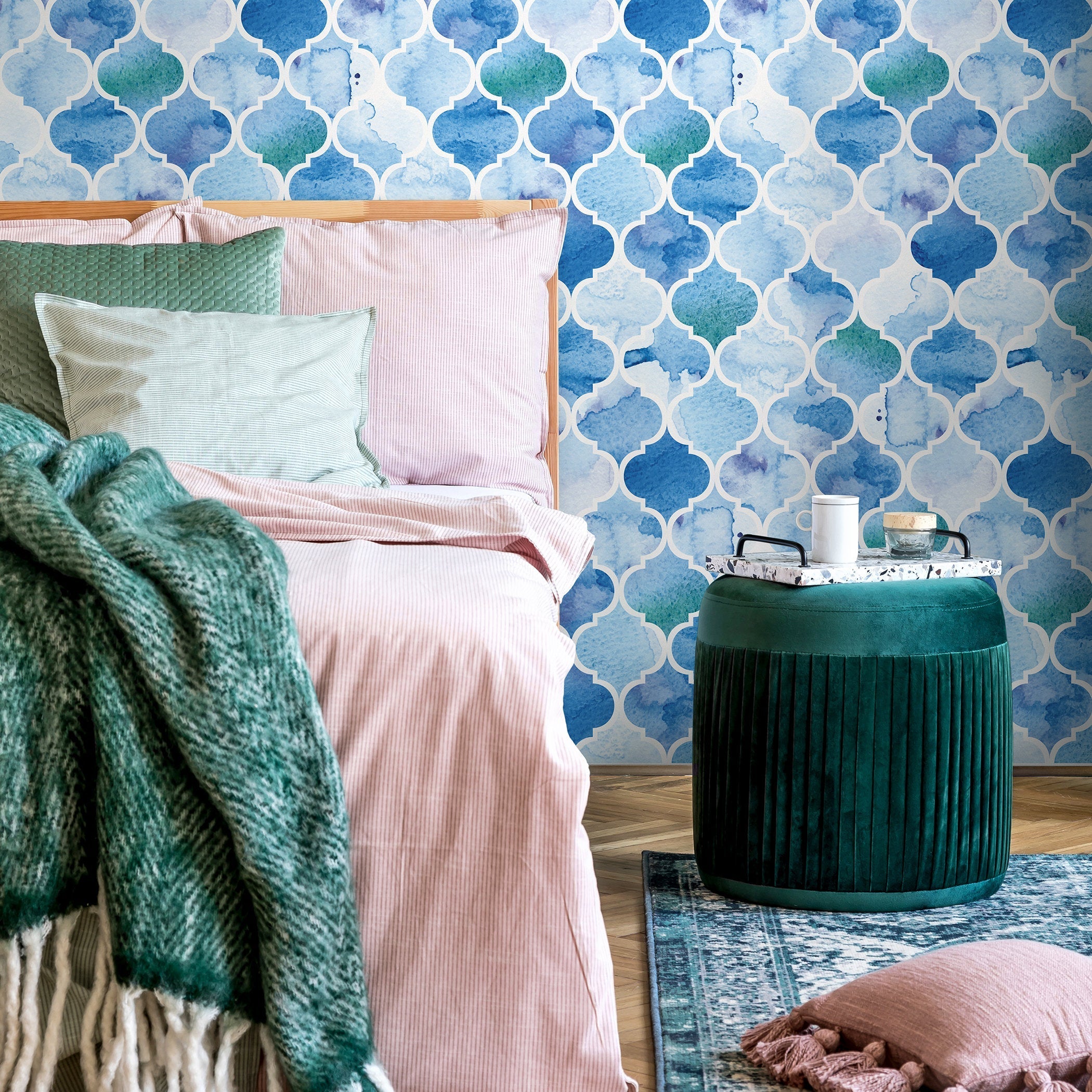 Moroccan Wallpaper With A Watercolor Trellis Motif In Blue And Teal - A099