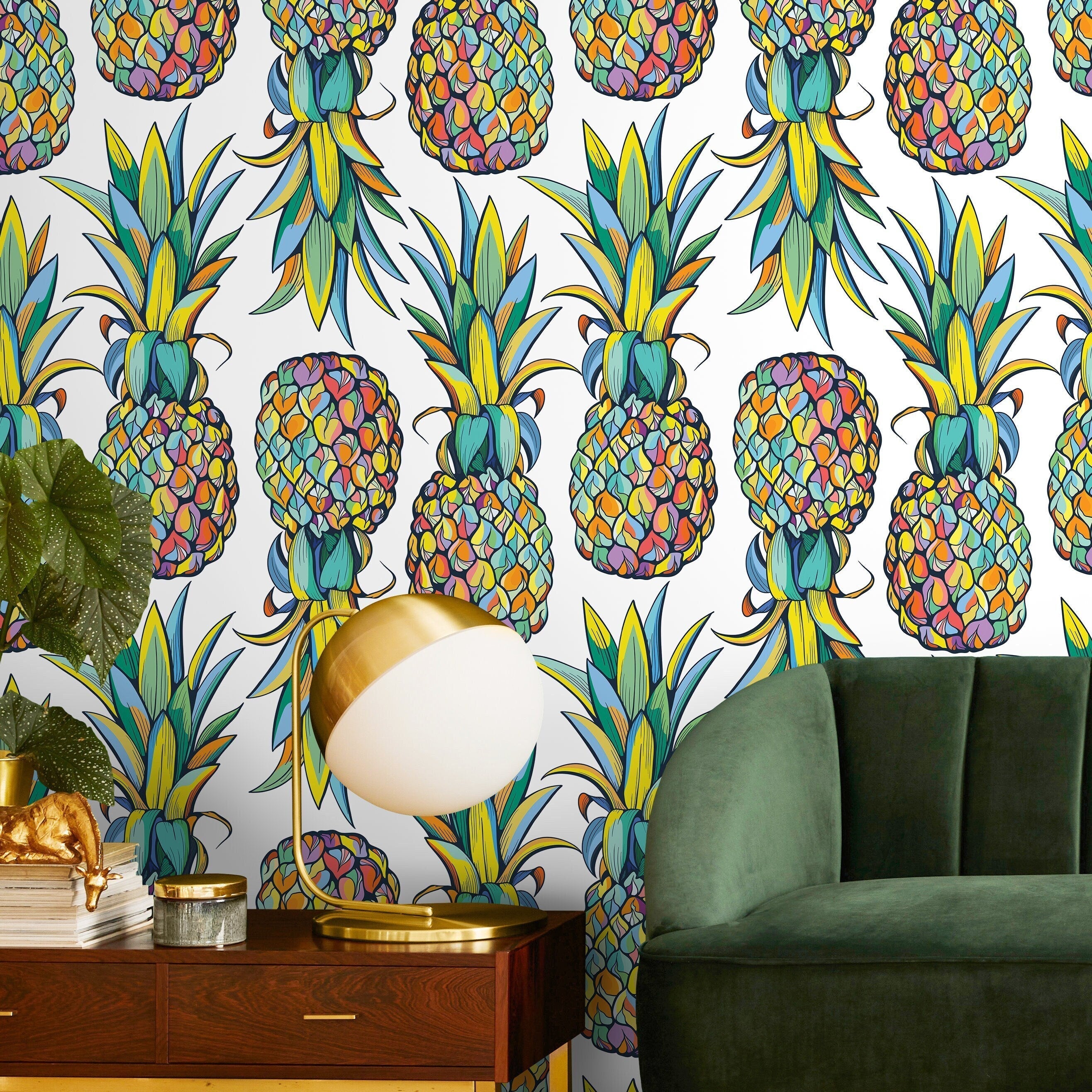 Tropical Wallpaper With Mosaic Style Pineapples In Yellow, Blue, And Green - D989
