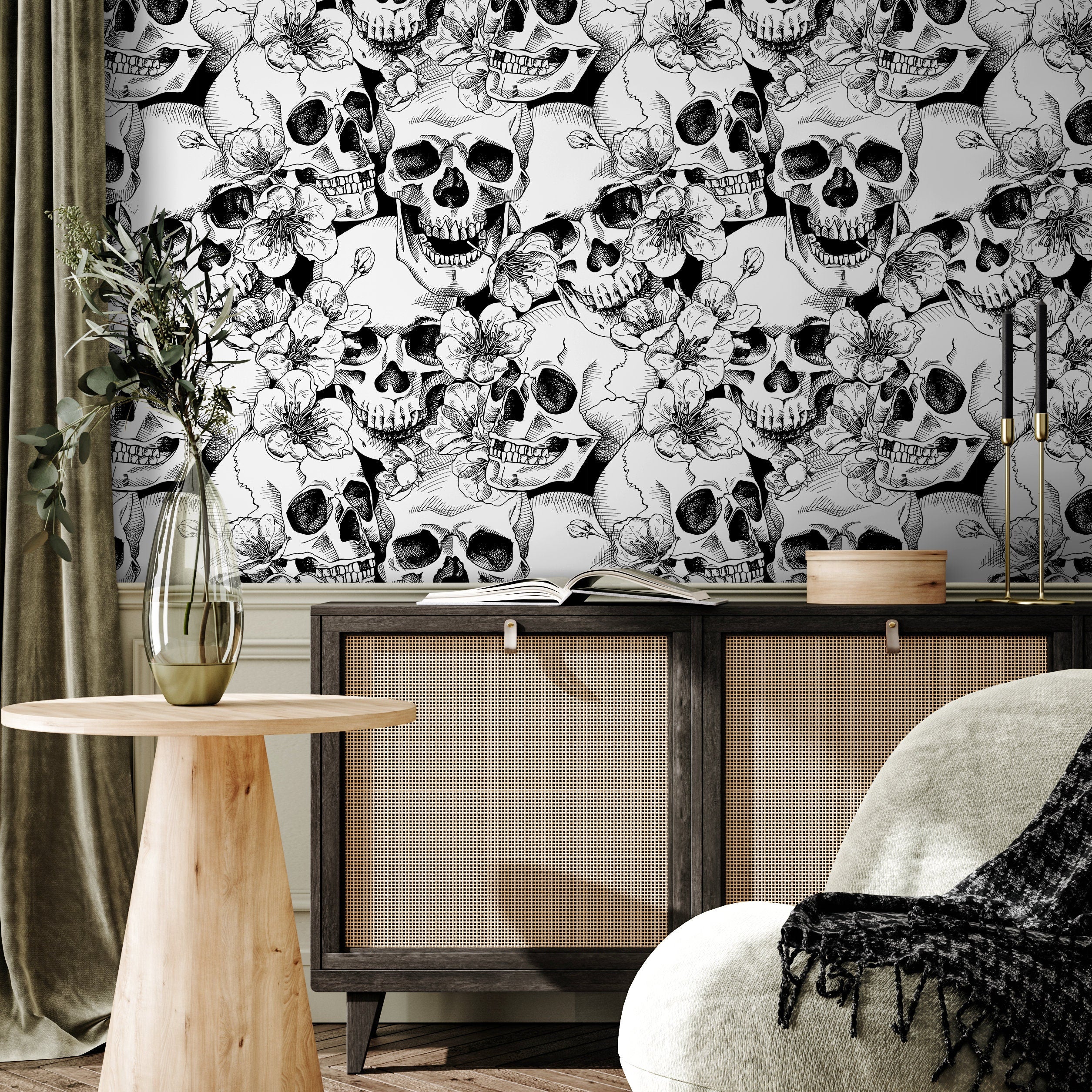 Gothic Wallpaper With Skulls And Blossoms In Black And White - A112