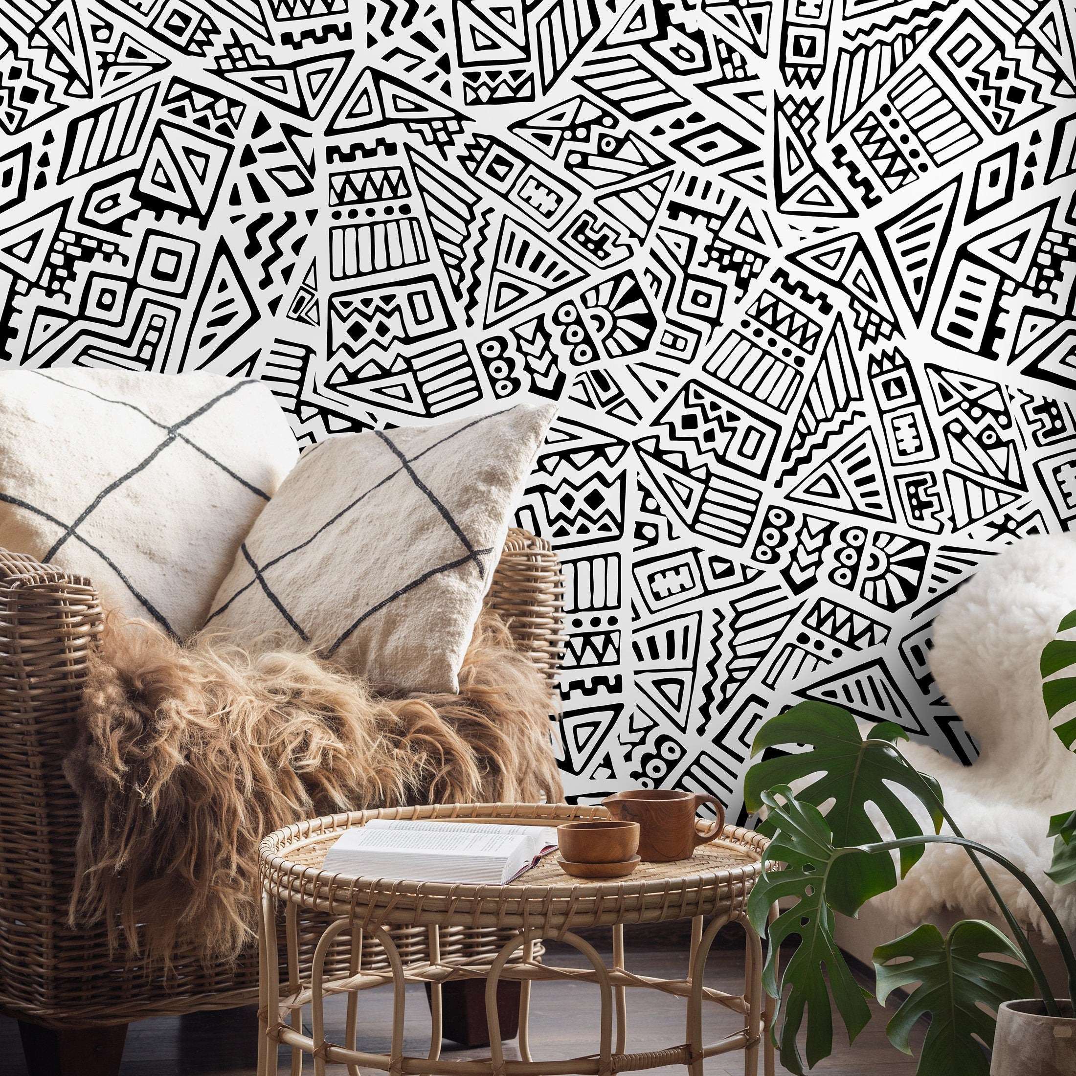 Geometric Wallpaper With A Hand-drawn Tribal Motif In Black And White - A117