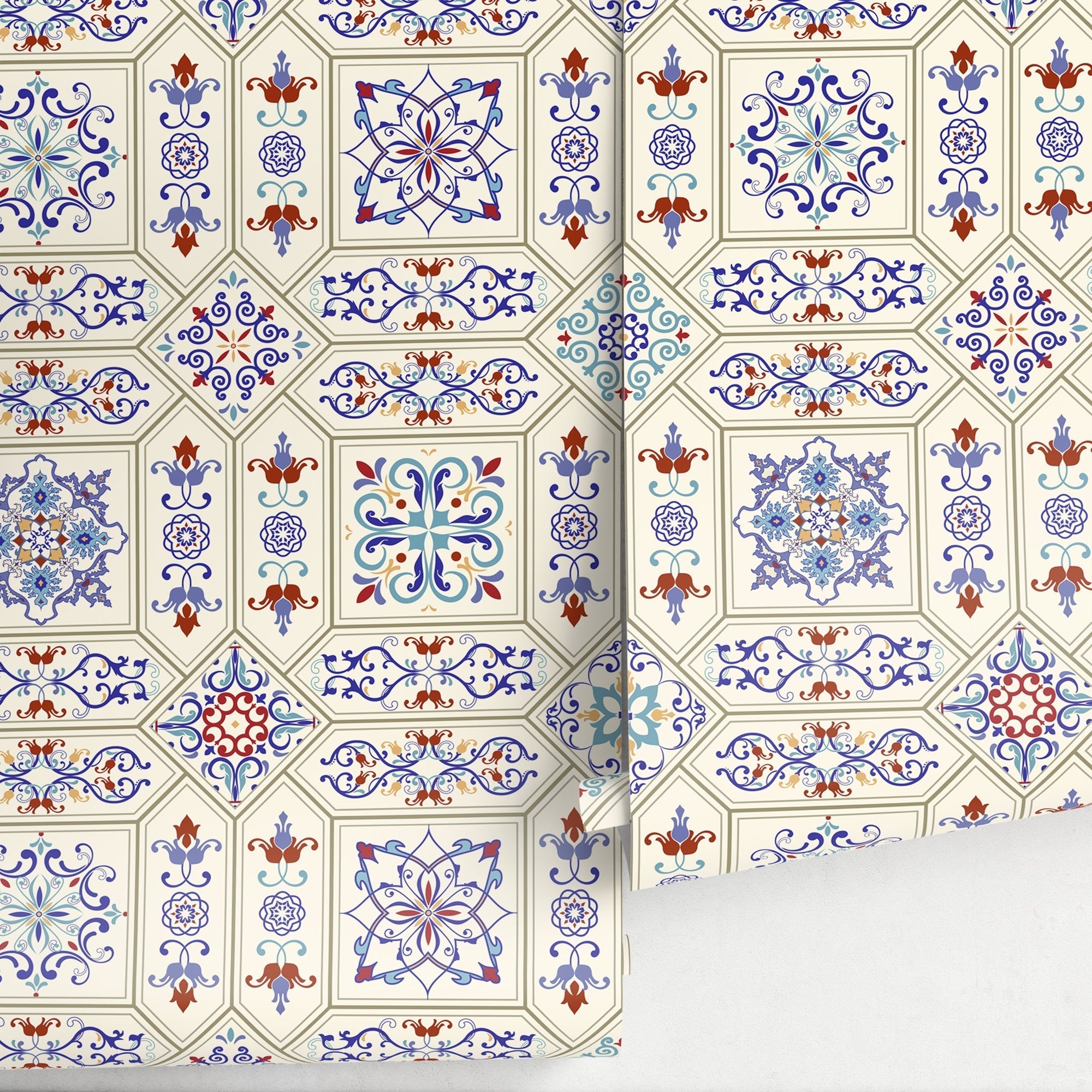 Tile Wallpaper With An Ornate Moroccan Motif In Blue, Red, And Yellow - A128