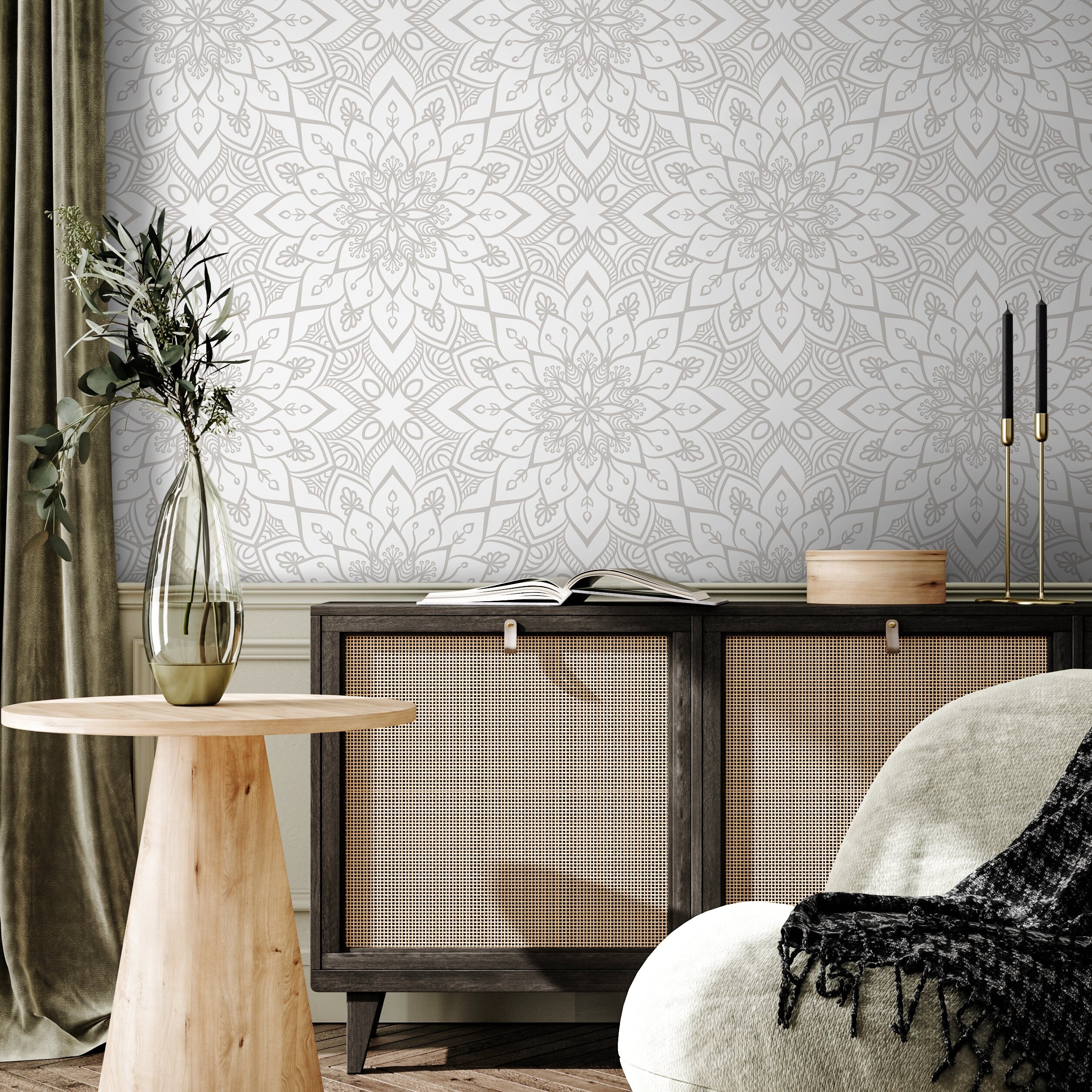 Mandala Wallpaper With An Intricate Medallion In Light Gray - A129