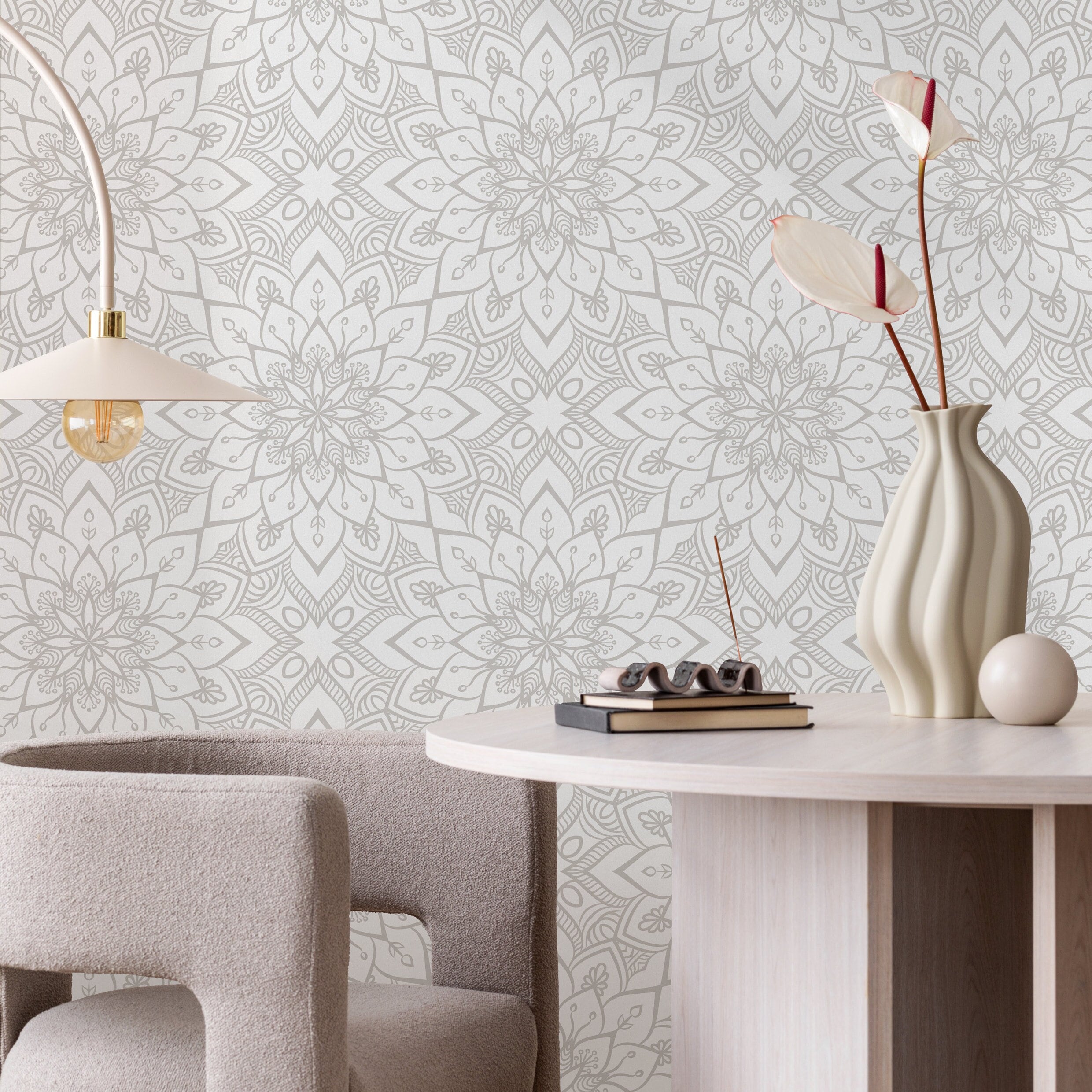 Mandala Wallpaper With An Intricate Medallion In Light Gray - A129