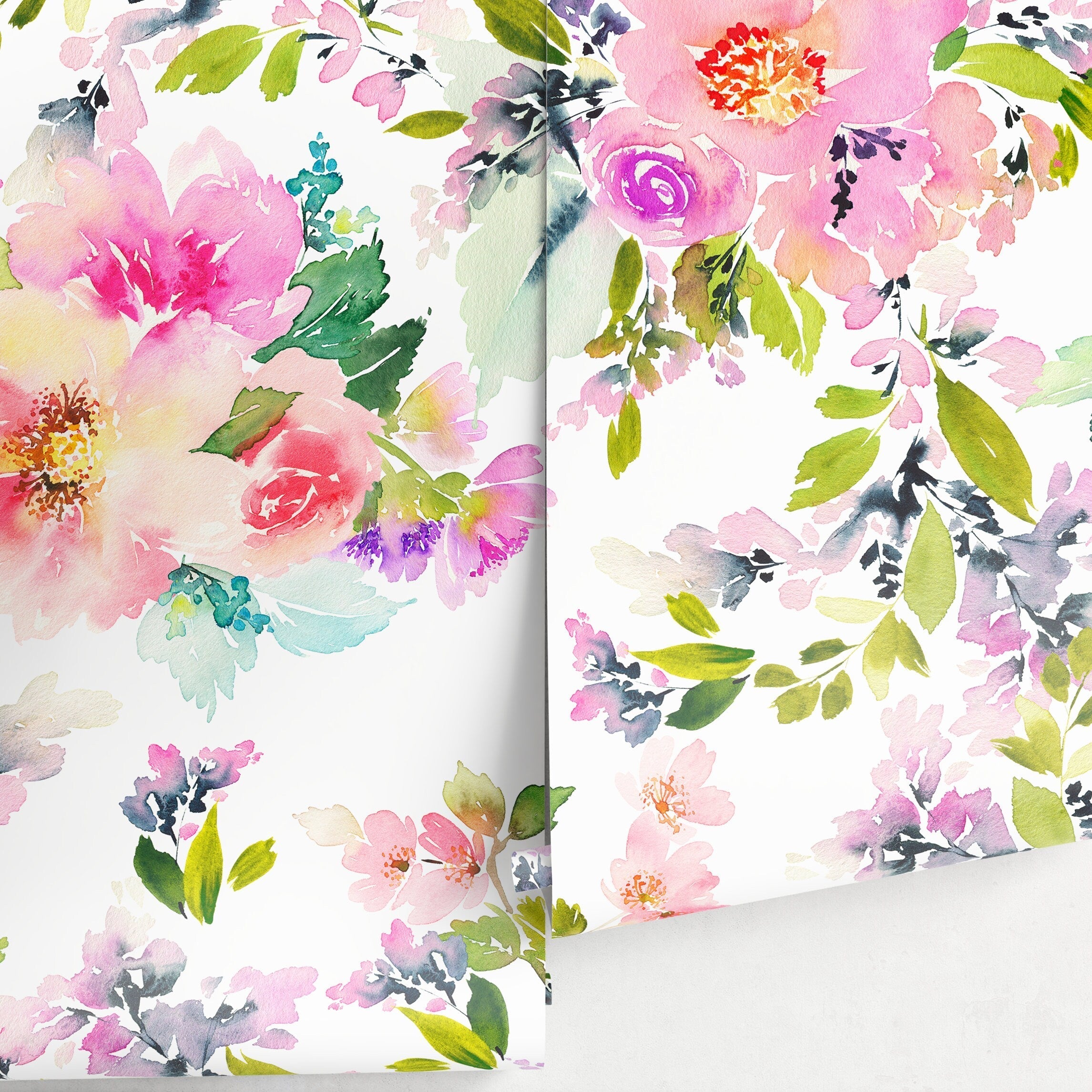 Floral Wallpaper With Loose Watercolor Blooms In Pink, Purple, And Green - A130