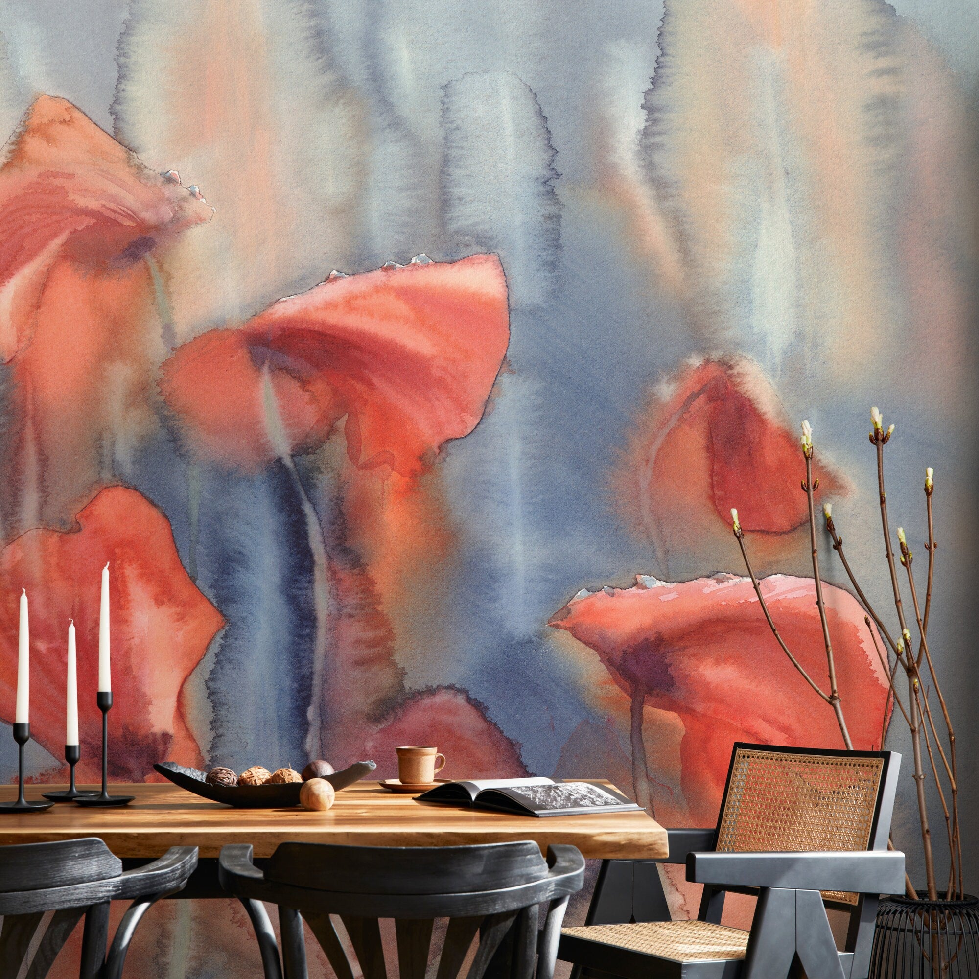 Abstract Wallpaper With Organic Watercolor Shapes In Coral, Blue, And Beige - A131