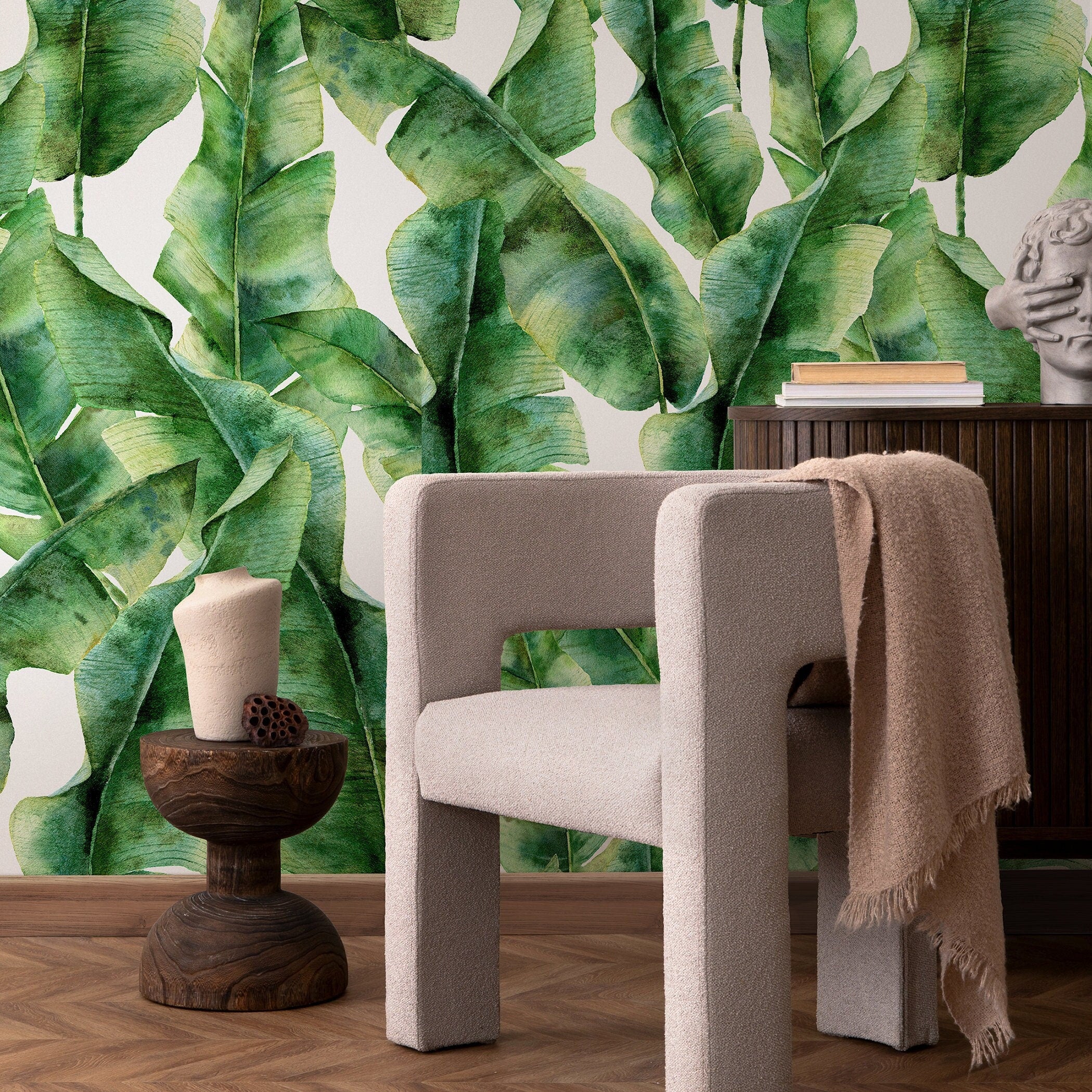 Botanical Wallpaper With Watercolor Banana Leaves In Green And Yellow - A132