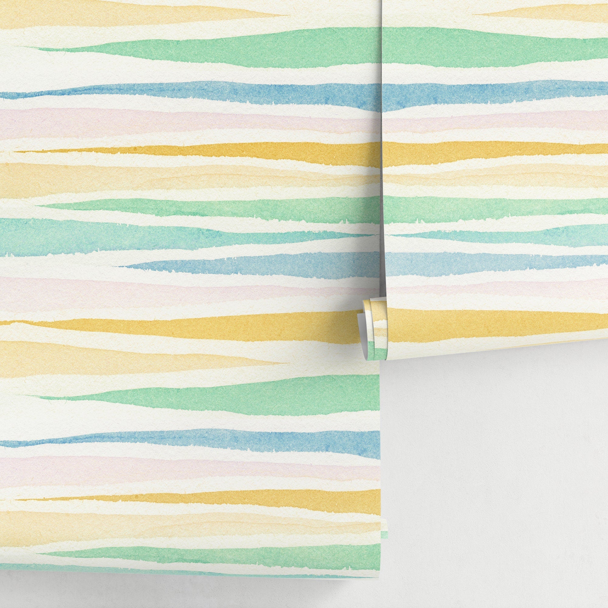 Watercolor Wallpaper With Wavy Stripes In Blue, Green, And Yellow - A133