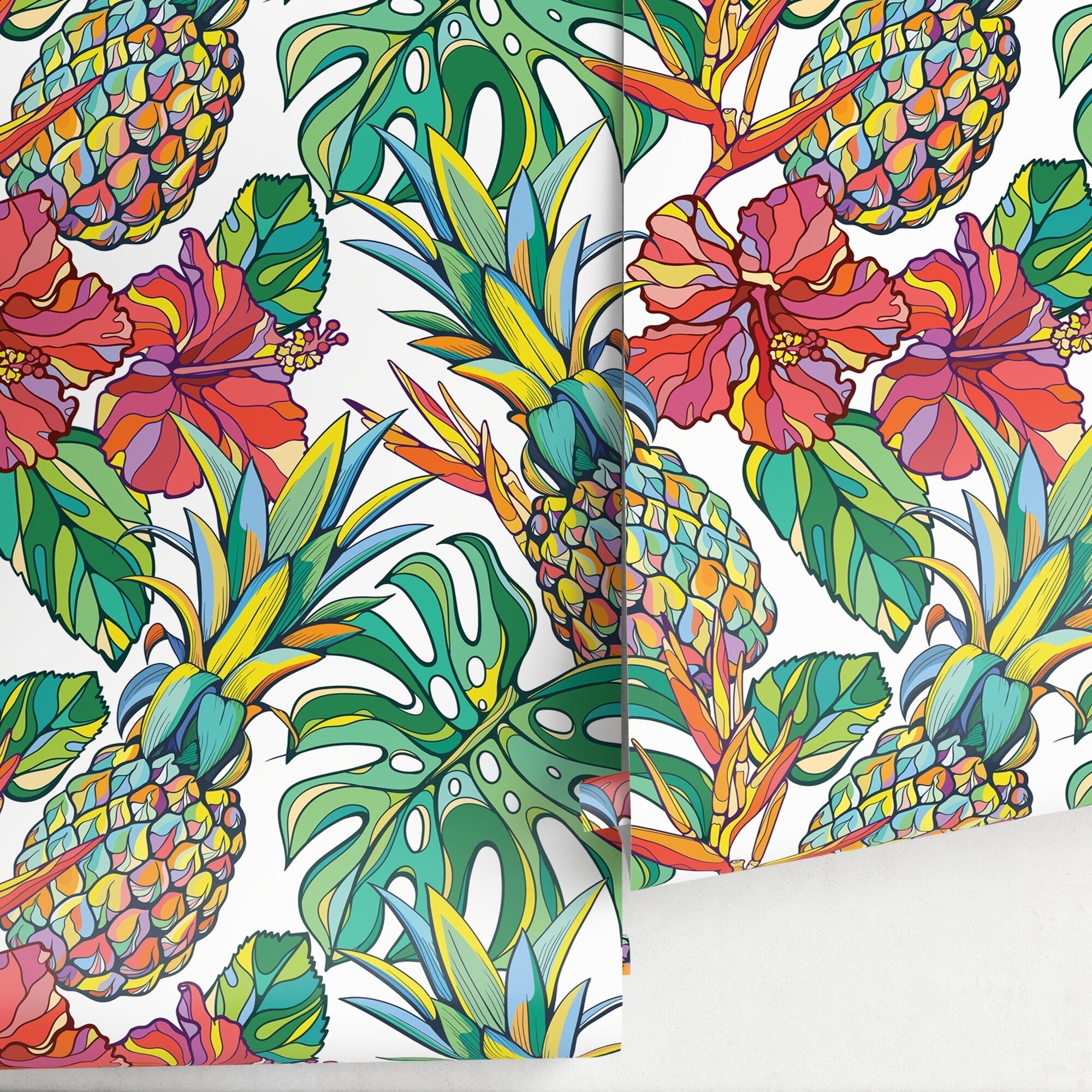 Tropical Wallpaper With Pineapples And Hibiscus In Red, Green, And Yellow - A137