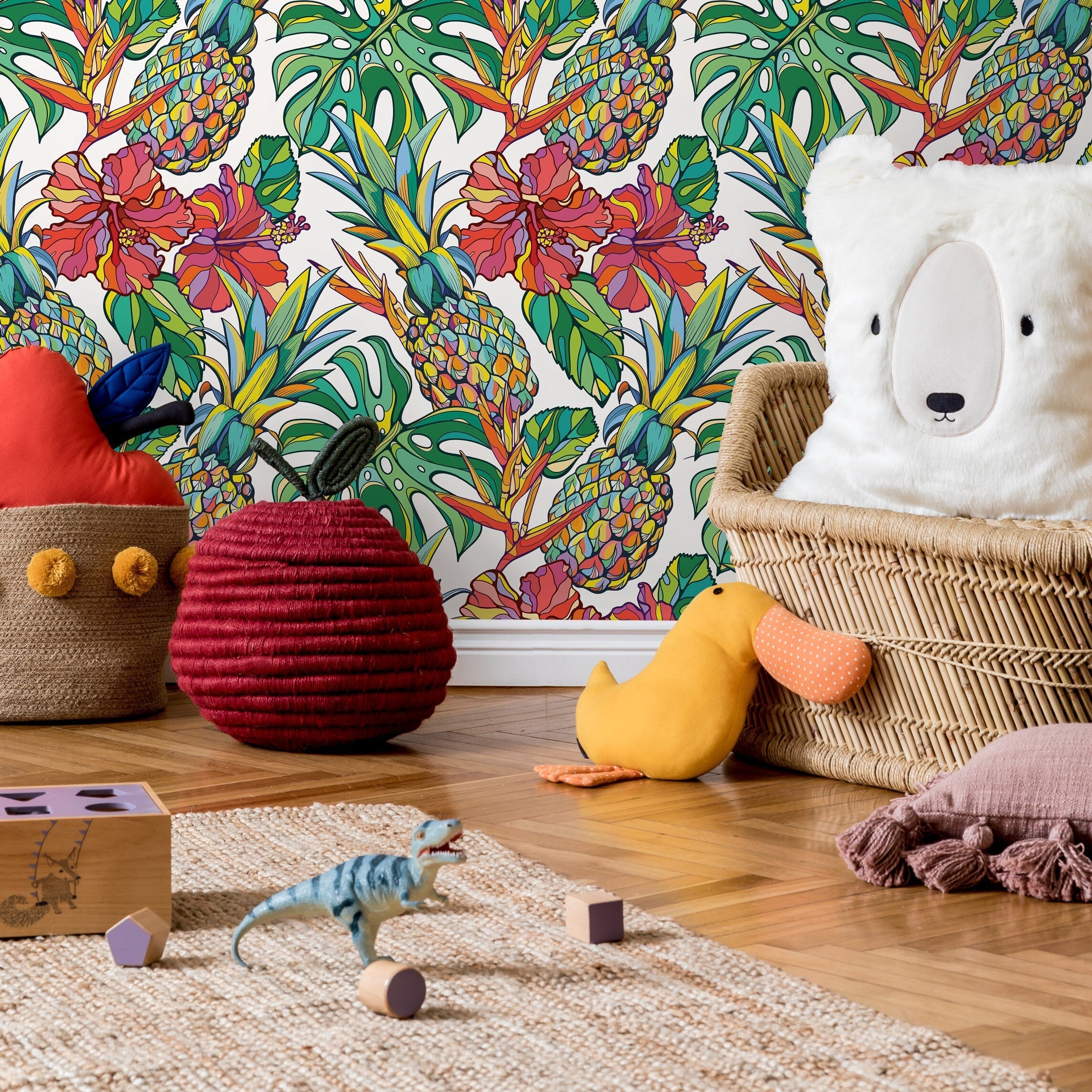 Tropical Wallpaper With Pineapples And Hibiscus In Red, Green, And Yellow - A137