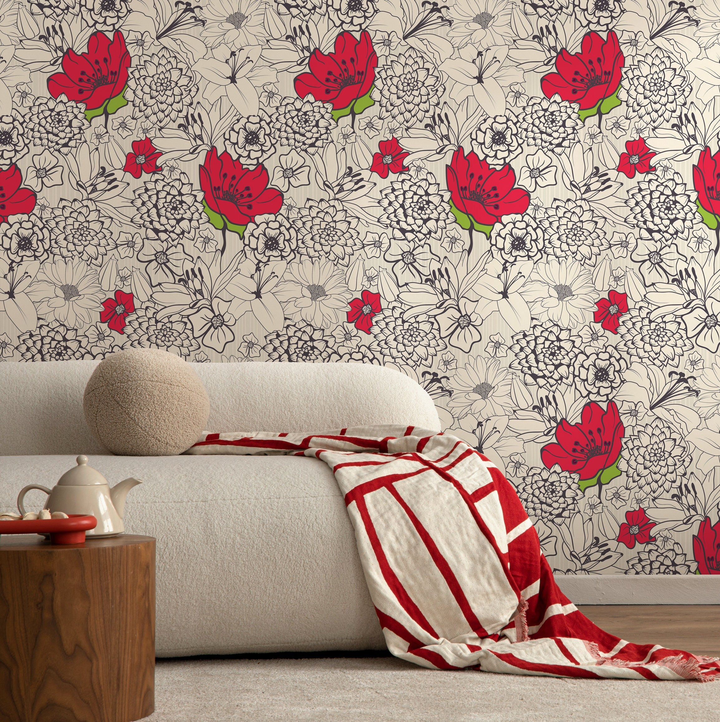 Floral Wallpaper With A Graphic Line Art Motif In Red, Black, And Beige - A138