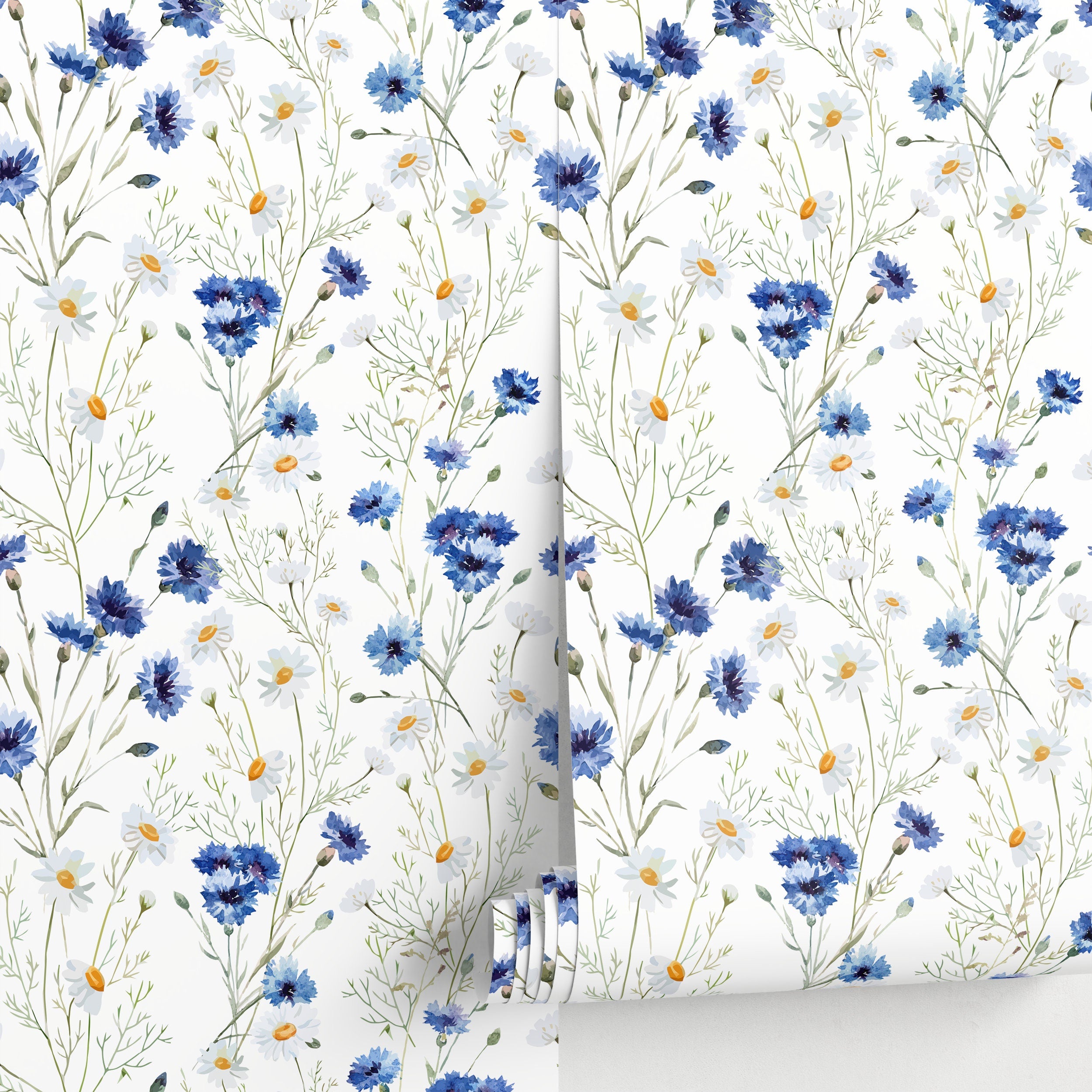 Floral Wallpaper With Cornflowers And Daisies In Blue And Green - A143