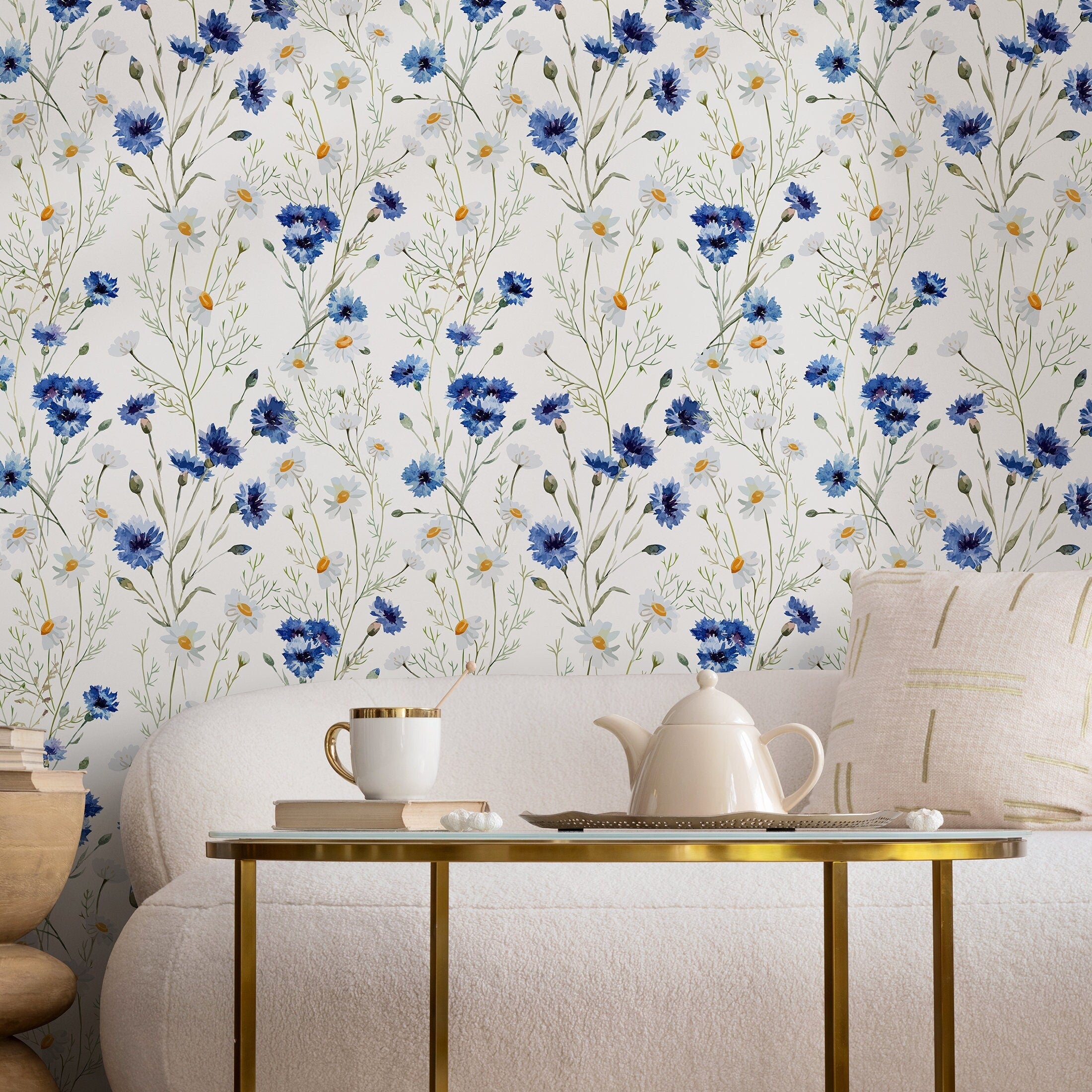 Floral Wallpaper With Cornflowers And Daisies In Blue And Green - A143