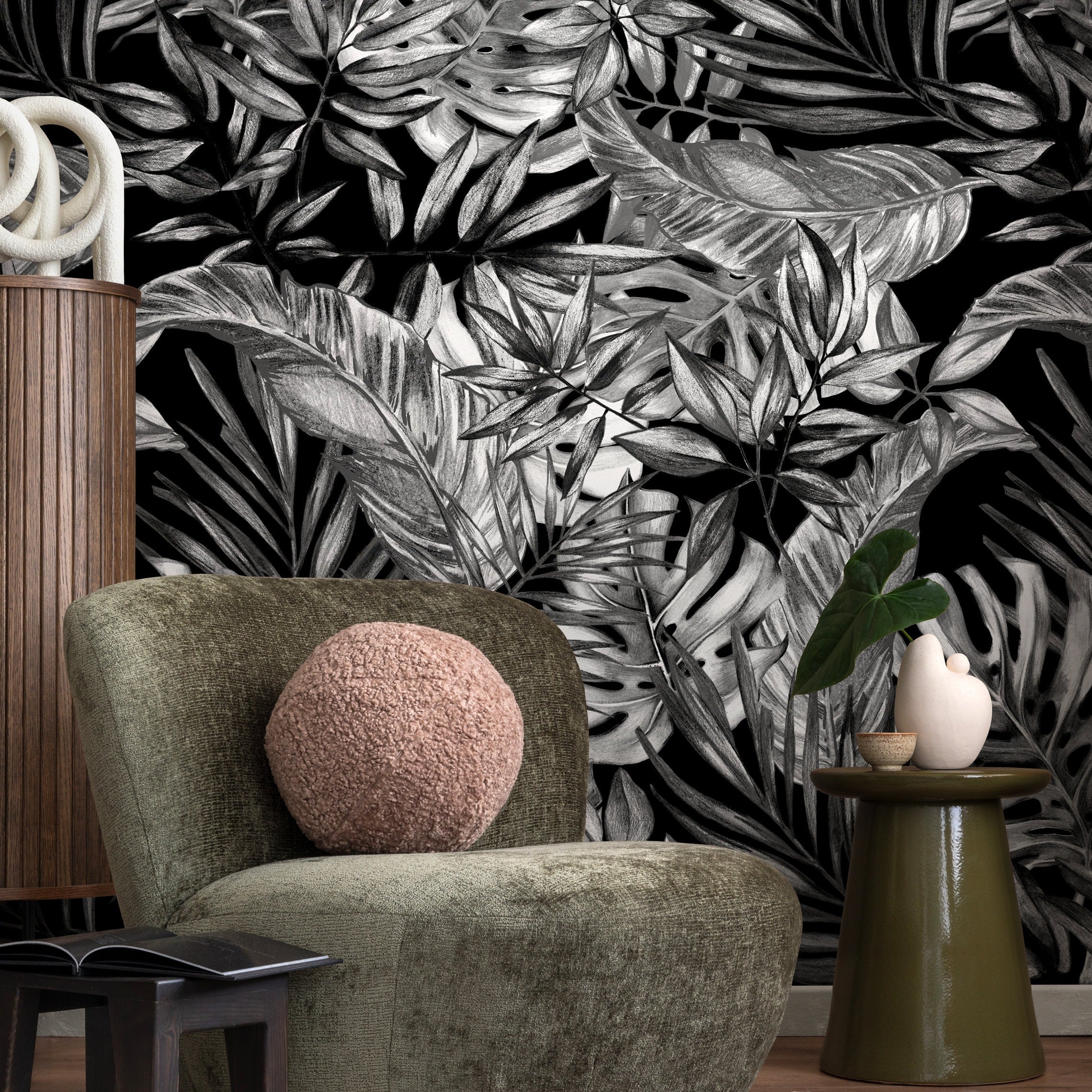 Tropical Wallpaper With A Hand-drawn Jungle Motif In Black And White - A161