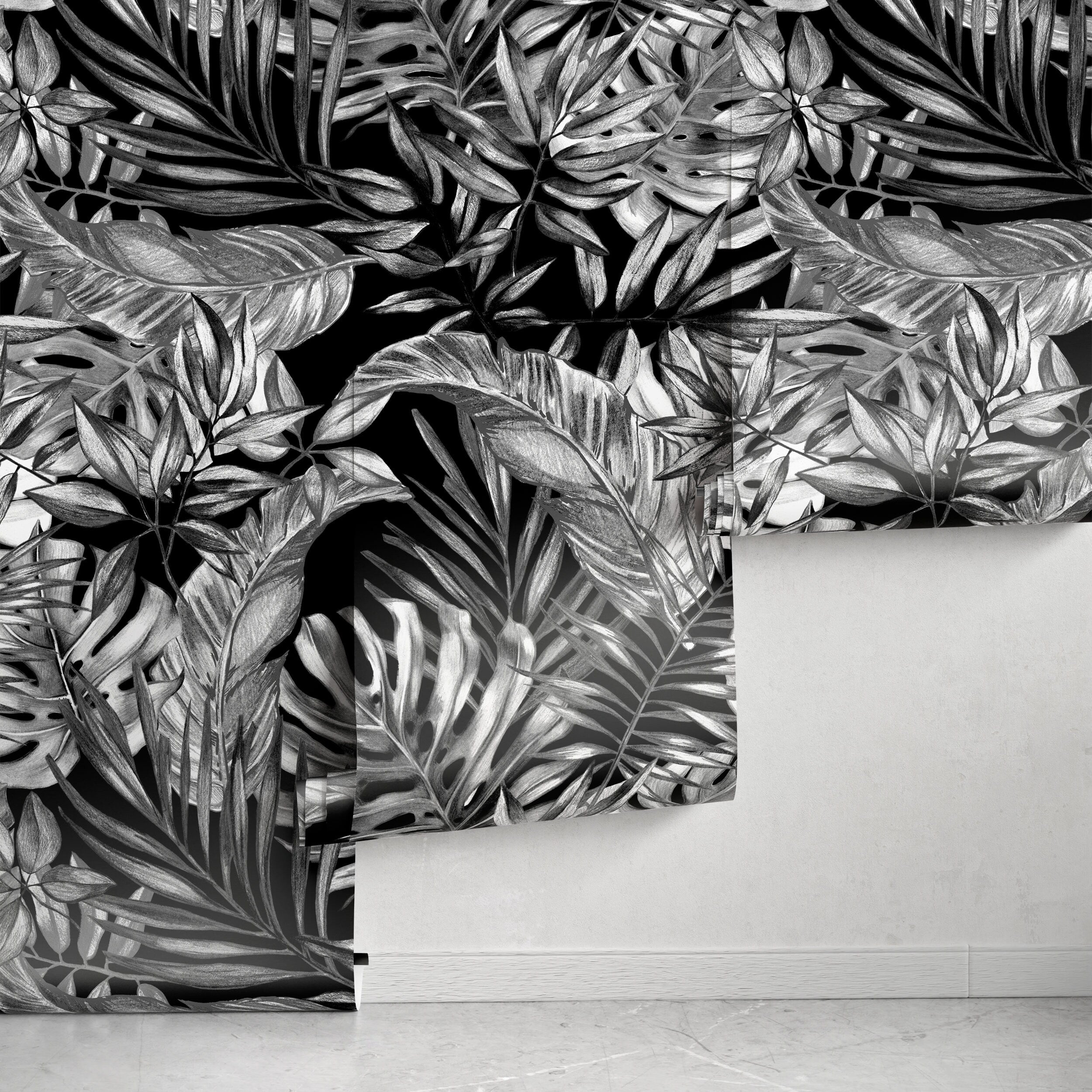 Tropical Wallpaper With A Hand-drawn Jungle Motif In Black And White - A161